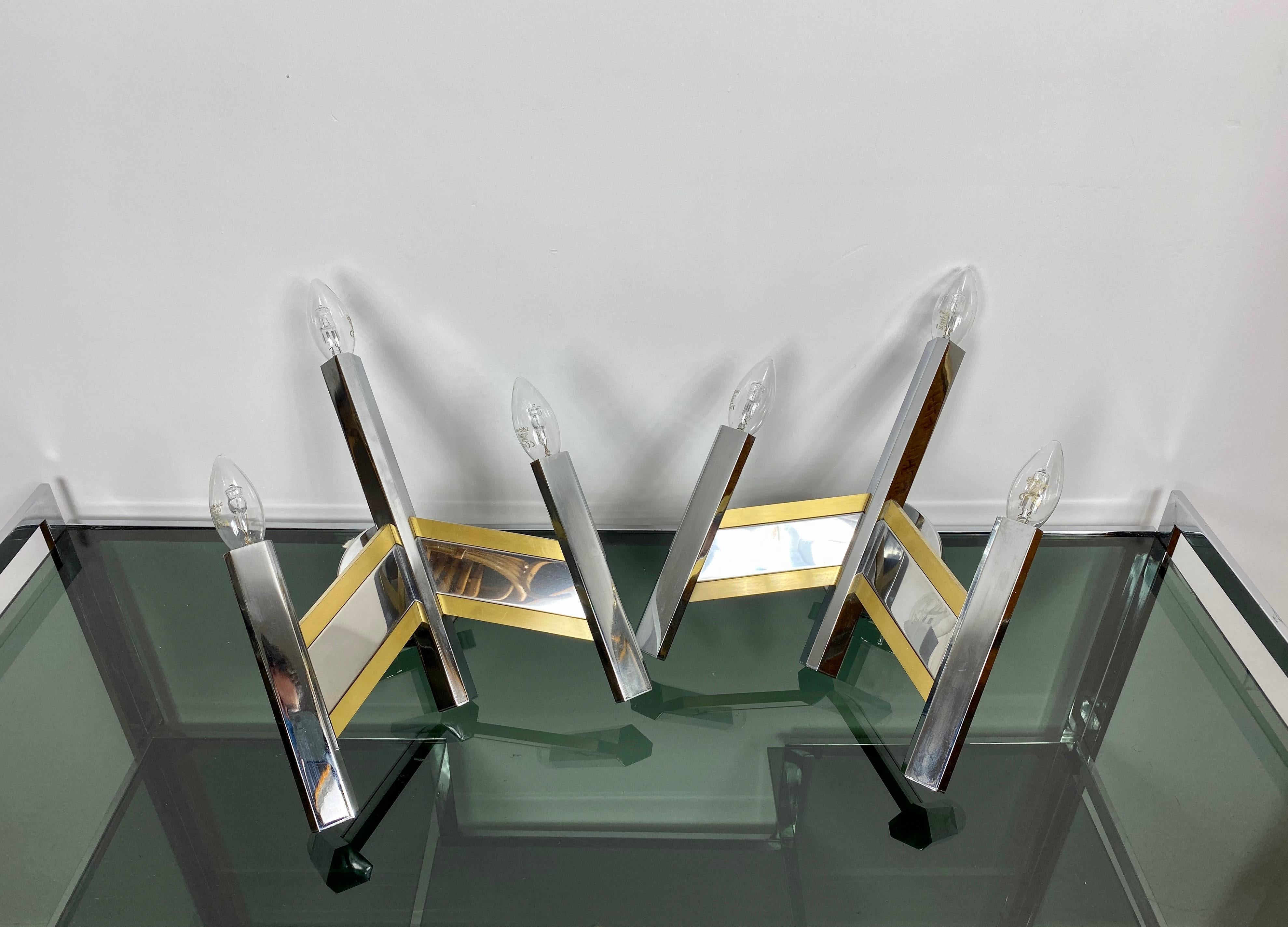 Mid-Century Modern Pair of Geometric Sconces by Sciolari, Chrome and Brass, Italy, 1970s For Sale