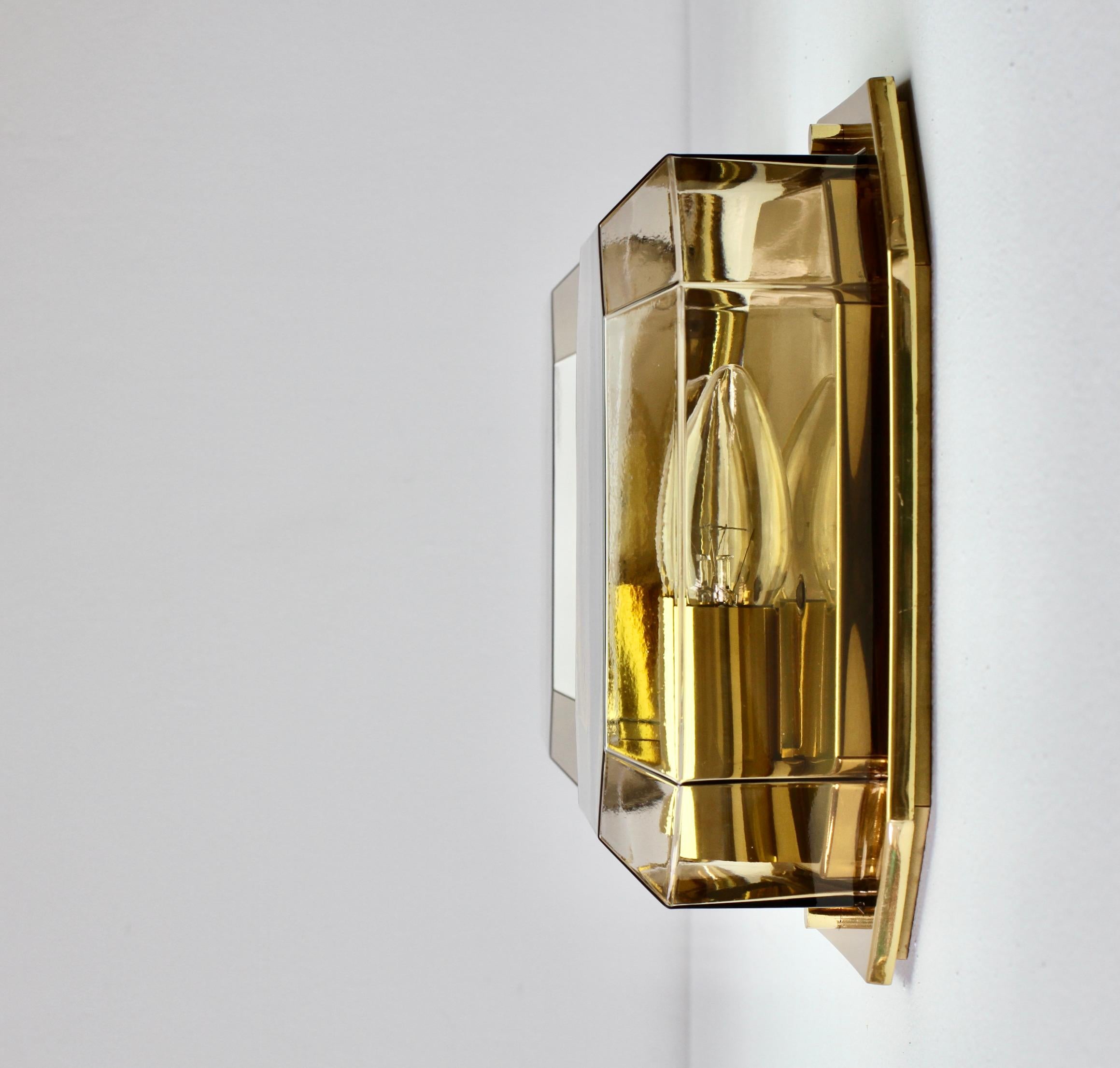 Pair of Geometric Smoked Topaz Glass and Brass Wall Lights by Limburg circa 1980 For Sale 2