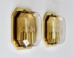 Pair of Geometric Smoked Topaz Glass and Brass Wall Lights by Limburg circa 1980