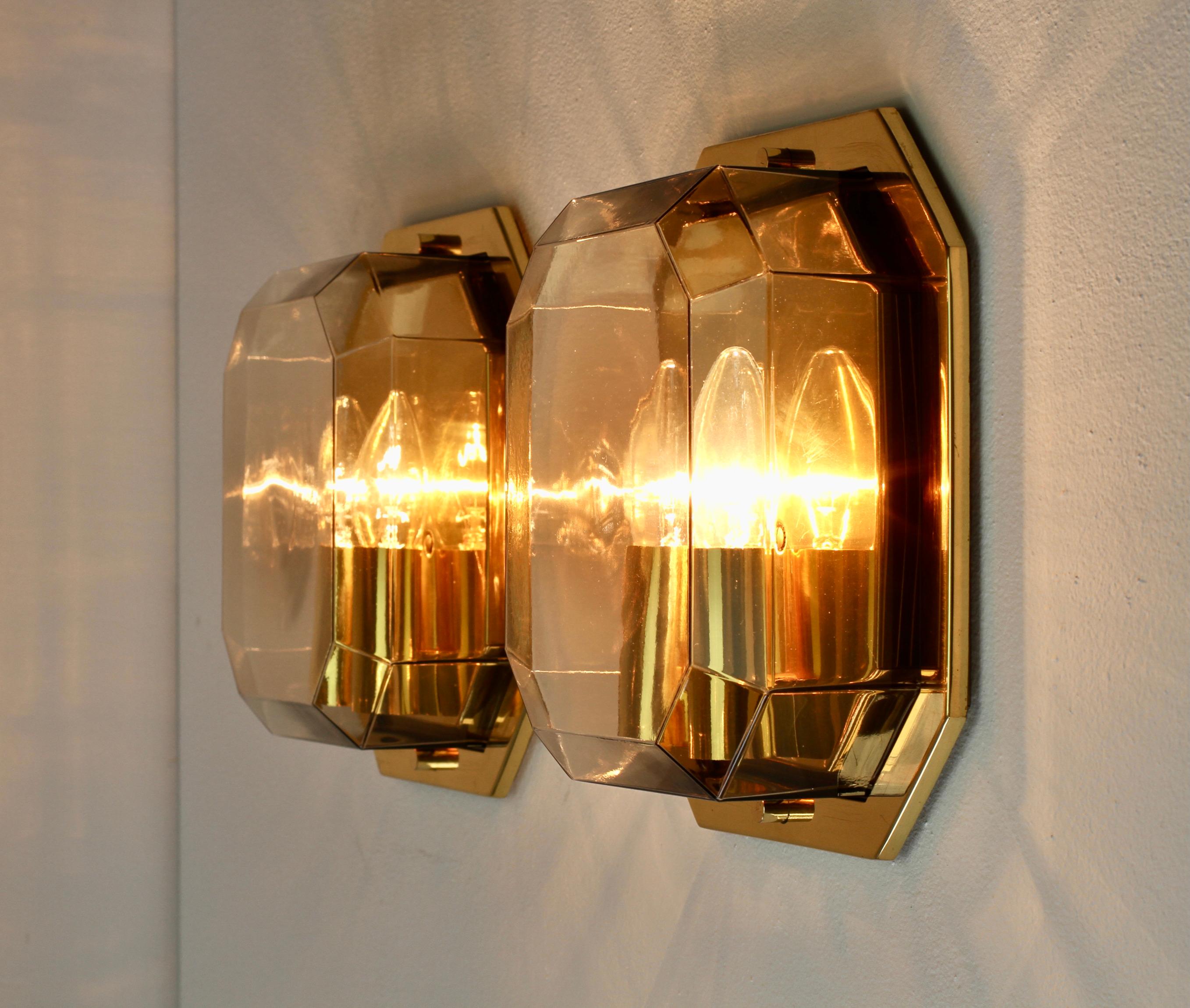 Blown Glass Pair of Geometric Smoked Topaz Glass and Brass Wall Lights by Limburg circa 1980 For Sale