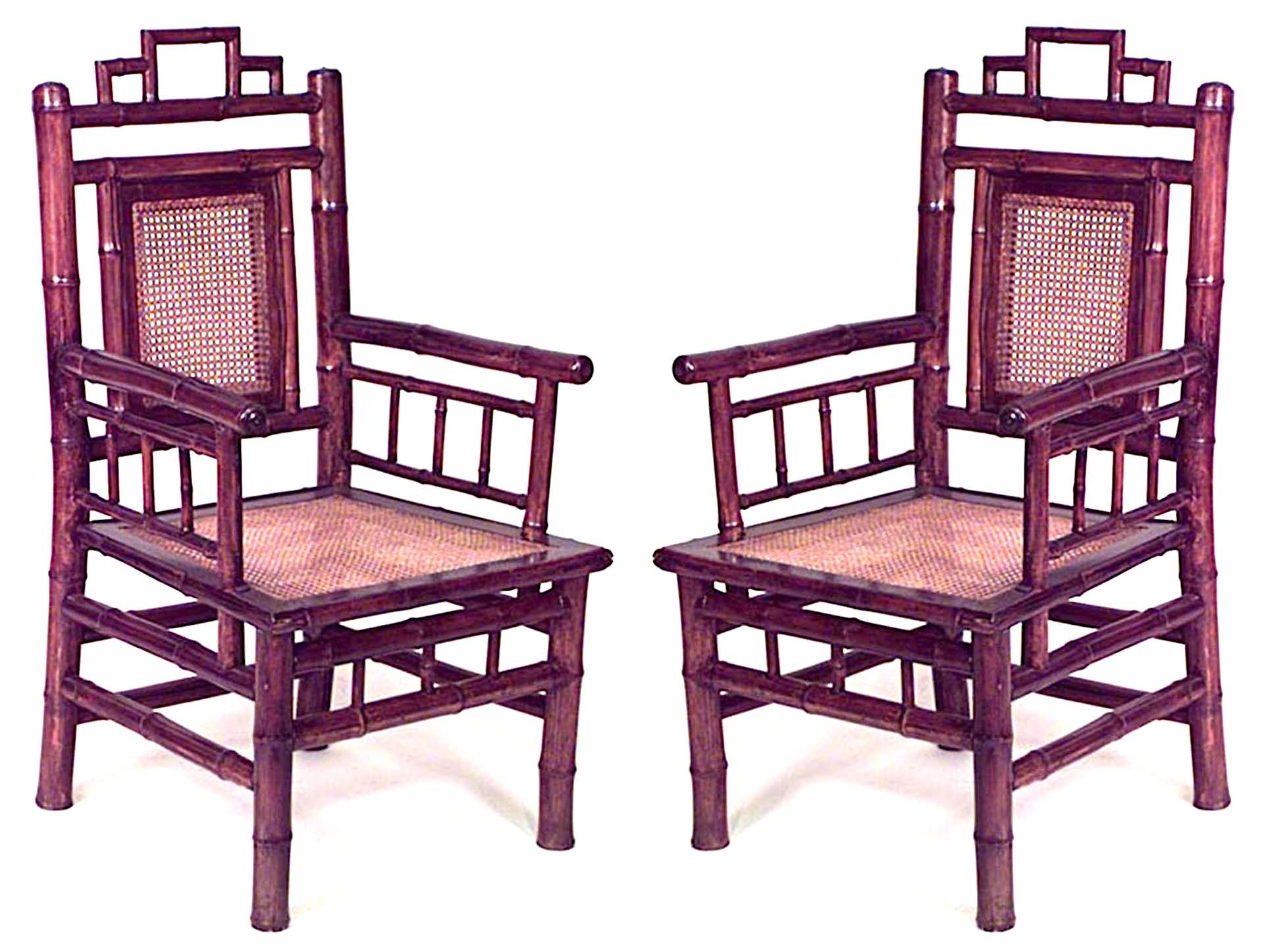 Pair of bamboo Armchairs with spindle design on arms and cane seat and back panel (19/20th Cent.)
