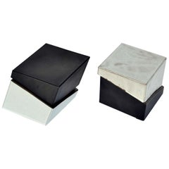 Pair of Geometric Square Studio Pottery Trinket Boxes Glazed in Black & White