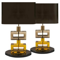 Pair of Geometric Stacked Murano Glass Block Table Lamps