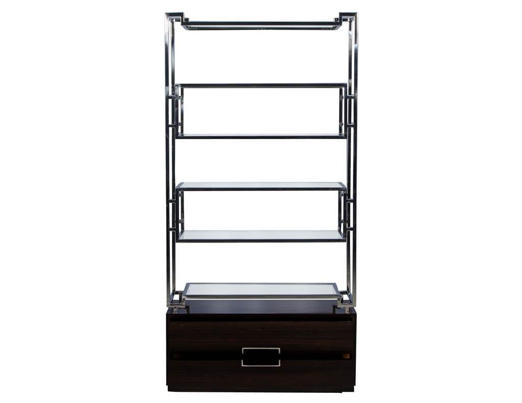 Modern Pair of Geometric Stainless Steel Bookcases with Macassar Base
