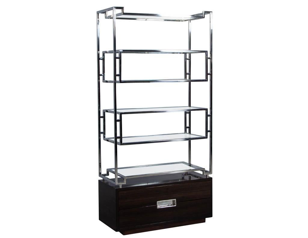 American Pair of Geometric Stainless Steel Bookcases with Macassar Base