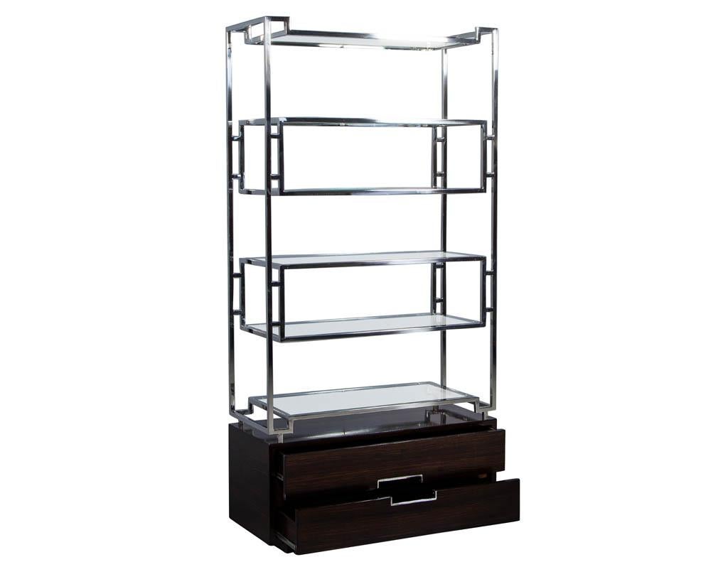 Pair of Geometric Stainless Steel Bookcases with Macassar Base In Excellent Condition In North York, ON