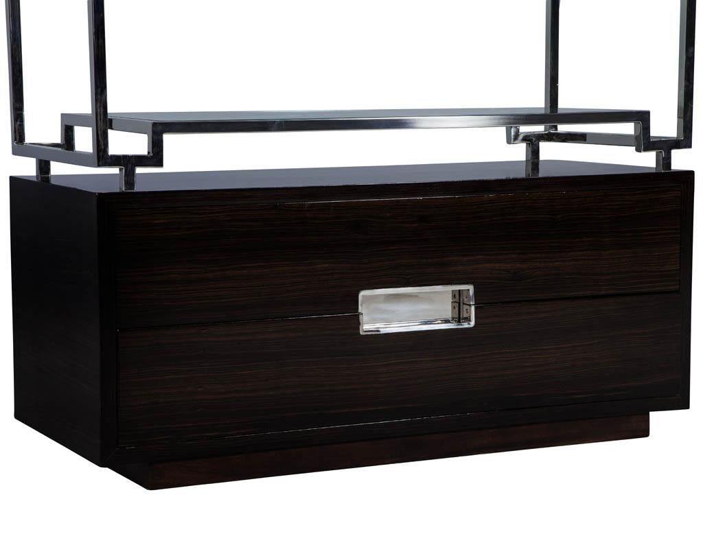 Contemporary Pair of Geometric Stainless Steel Bookcases with Macassar Base