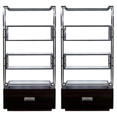 Pair of Geometric Stainless Steel Bookcases with Macassar Base