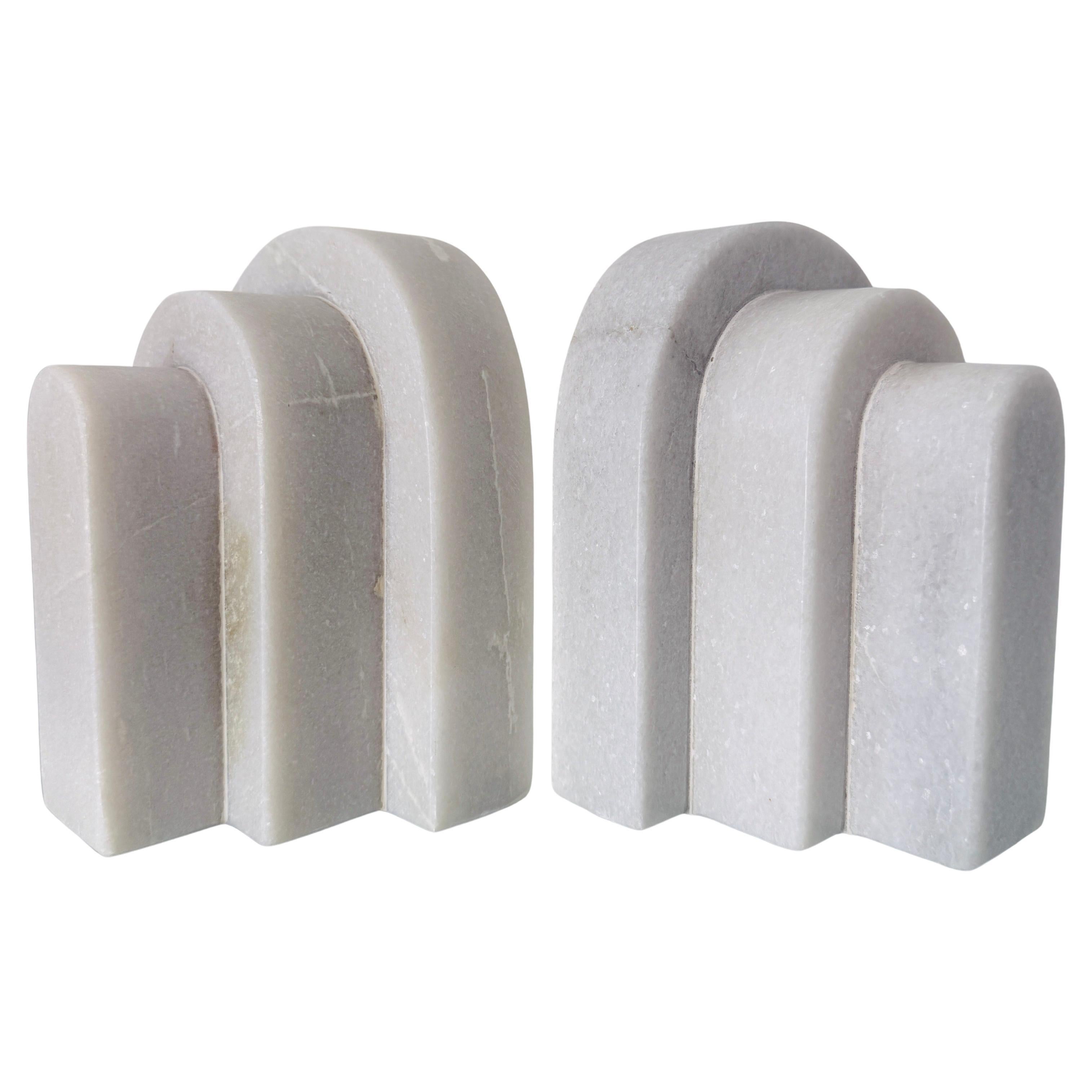 Pair of Geometric White Marble Bookends