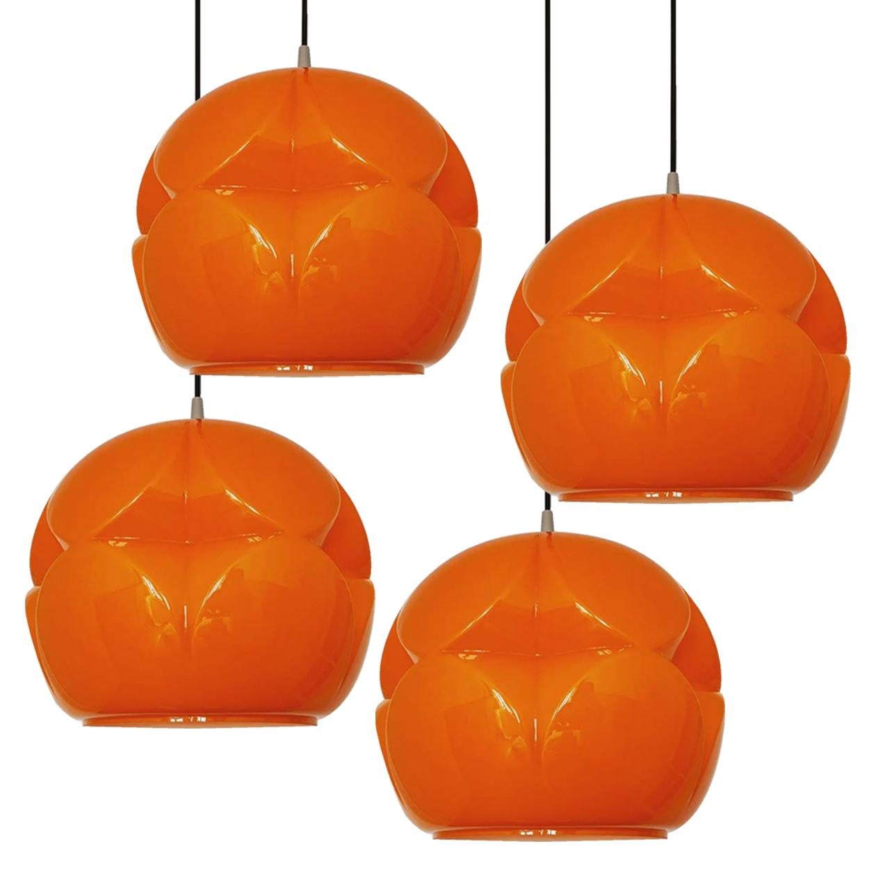 European Pair of Geometrical Cast Opaque Orange Glass Fixtures, Peill Putzler For Sale