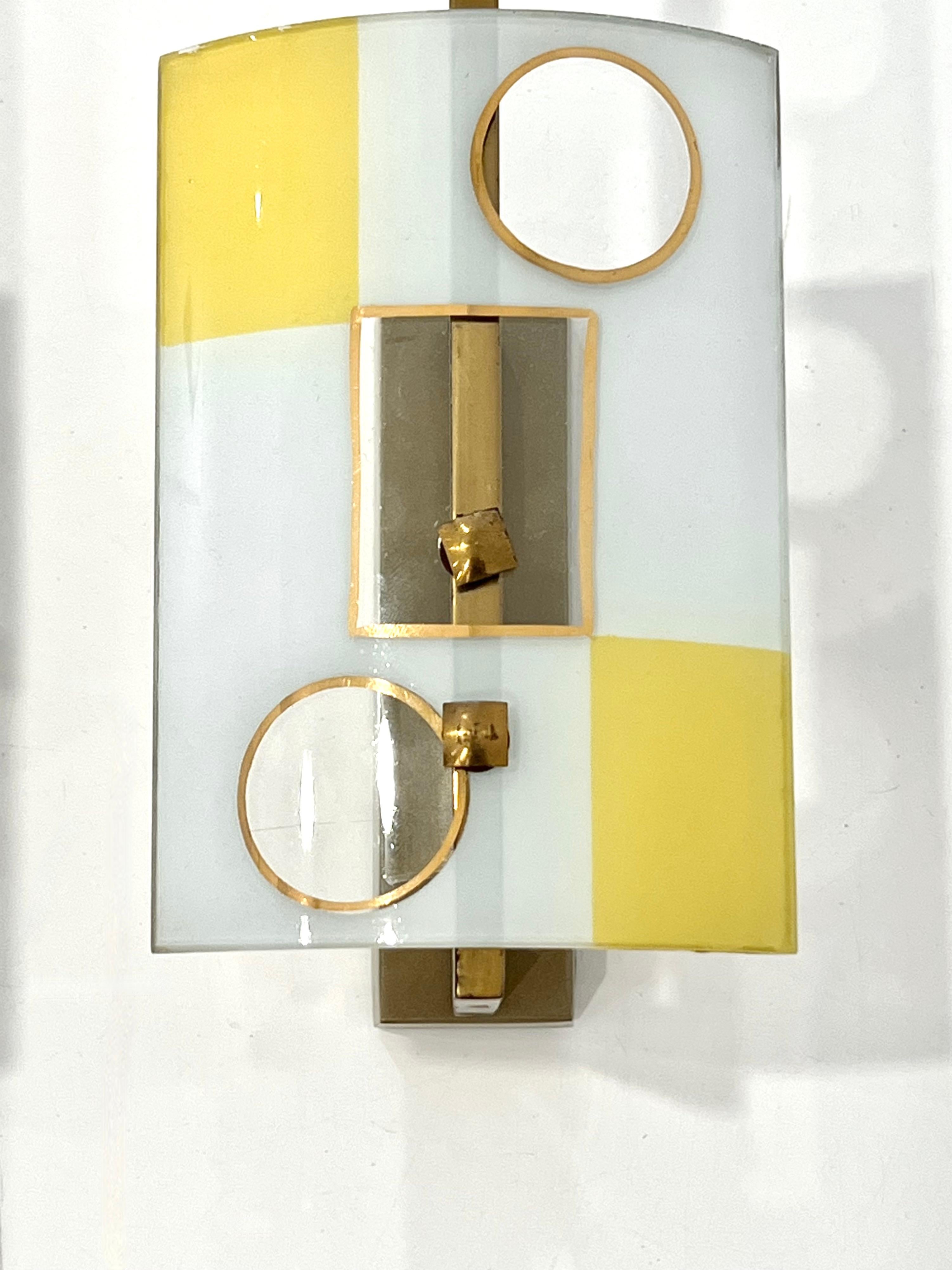 Italian Pair of Geometrical Curved Glass Sconces For Sale