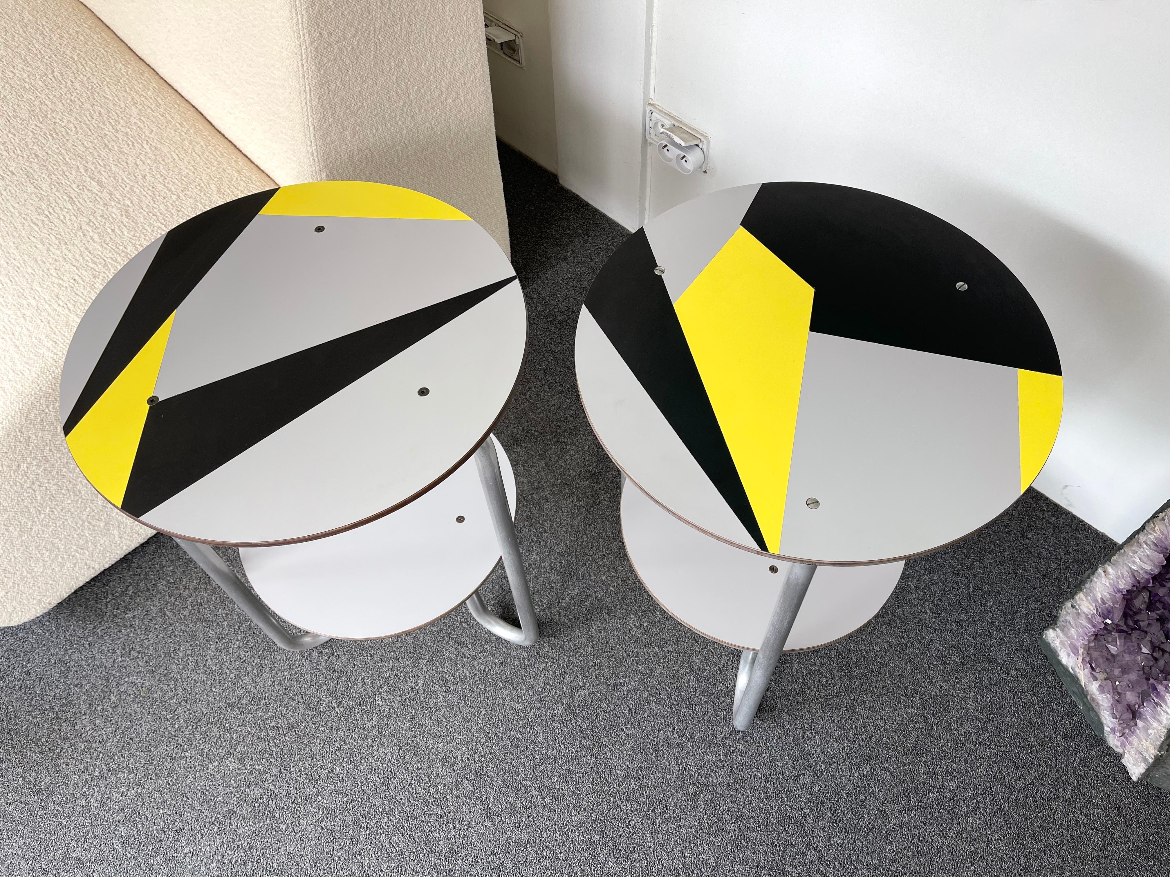 Italian Pair of Geometry Formica Marquetry and Metal Side Tables, Italy, 1980s For Sale