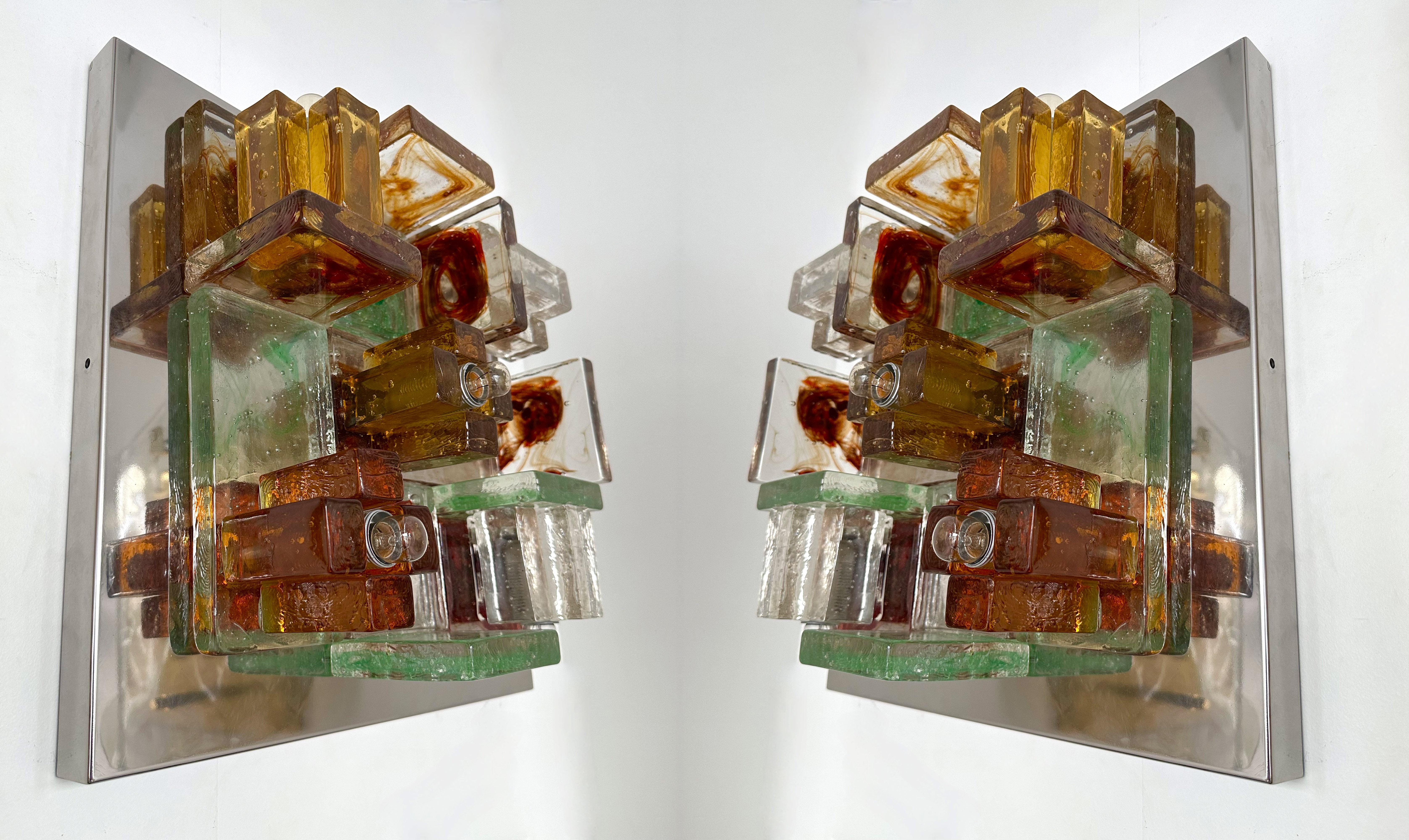 Pair of Geometry Glass Construction Metal Sconces by Poliarte, Italy, 1970s For Sale 3