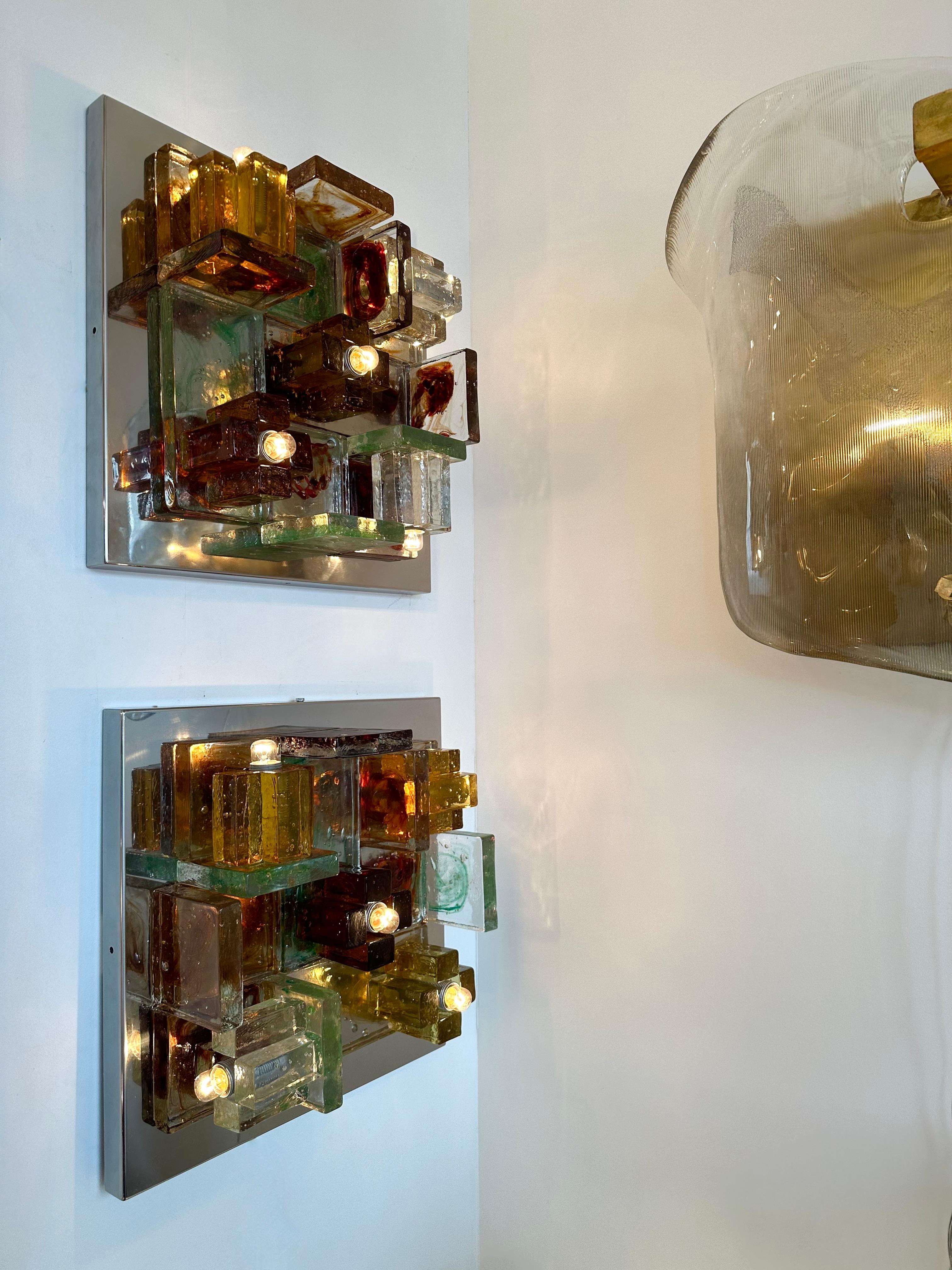 Pair of Geometry Glass Construction Metal Sconces by Poliarte, Italy, 1970s For Sale 4
