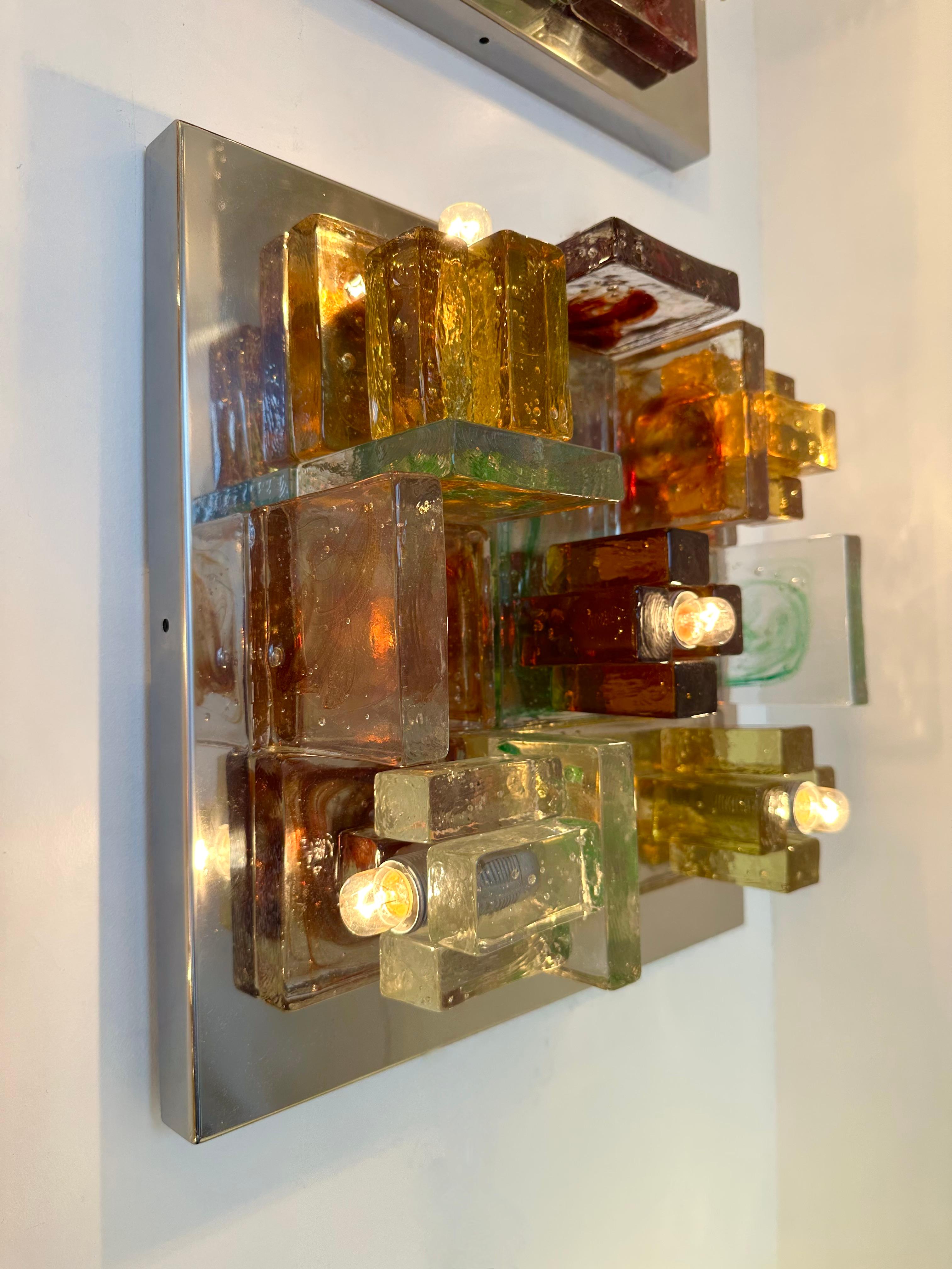 Pair of Geometry Glass Construction Metal Sconces by Poliarte, Italy, 1970s For Sale 8