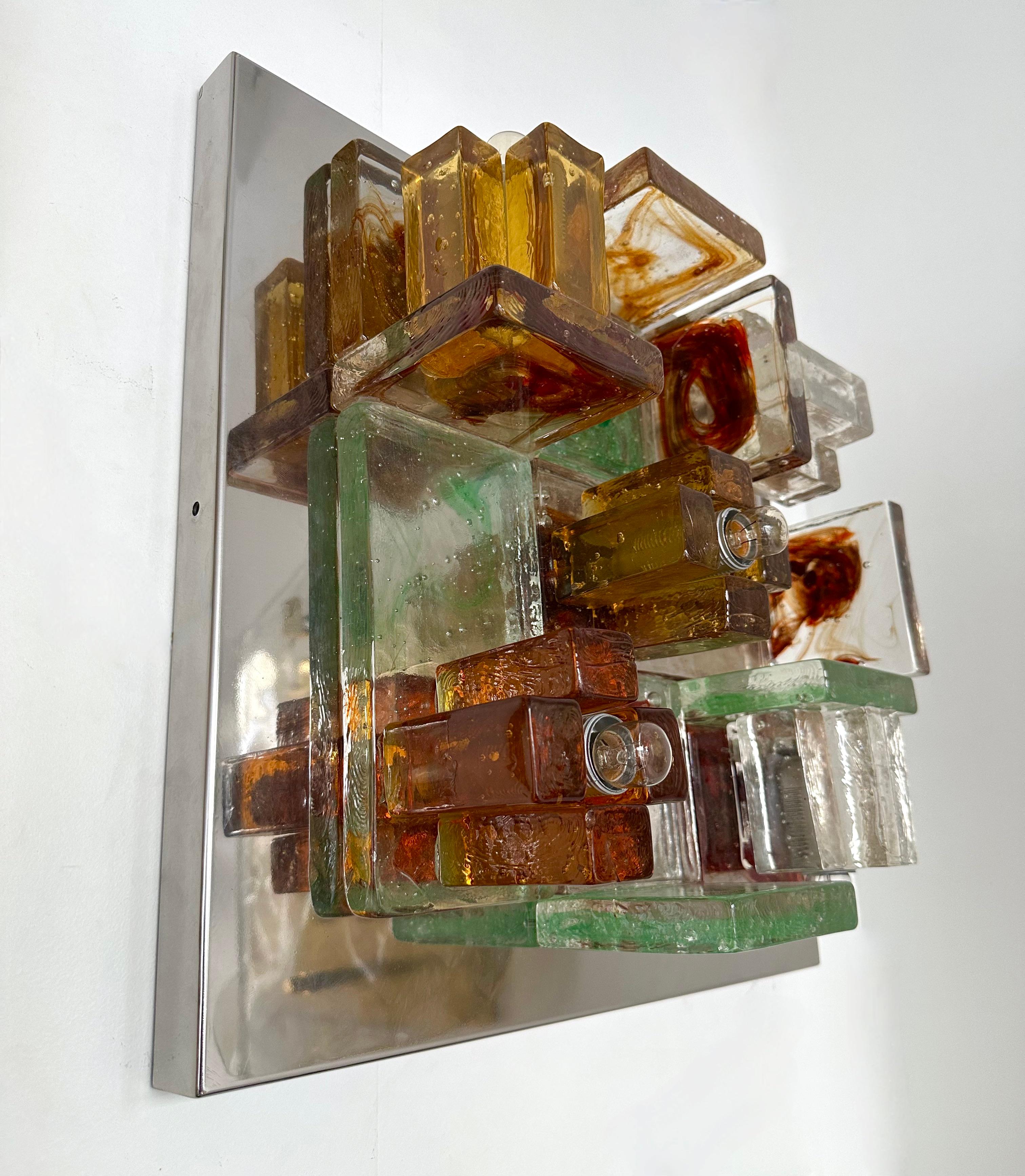 Pressed Pair of Geometry Glass Construction Metal Sconces by Poliarte, Italy, 1970s For Sale