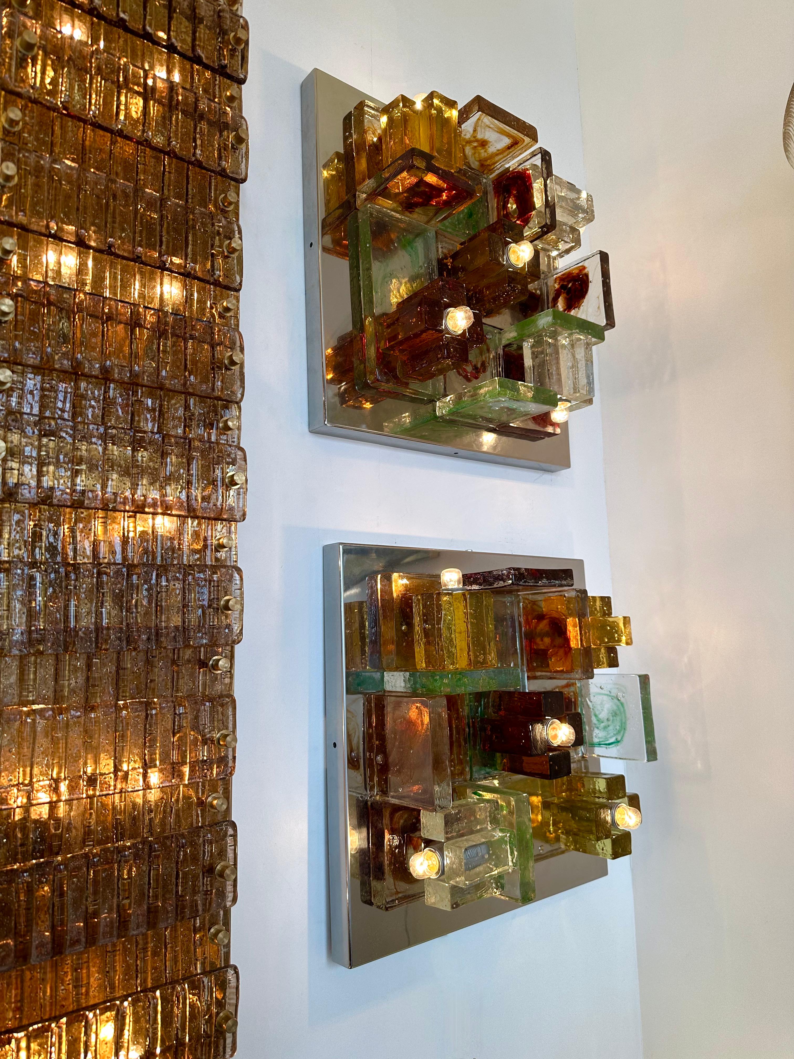 Pair of Geometry Glass Construction Metal Sconces by Poliarte, Italy, 1970s In Good Condition For Sale In SAINT-OUEN, FR