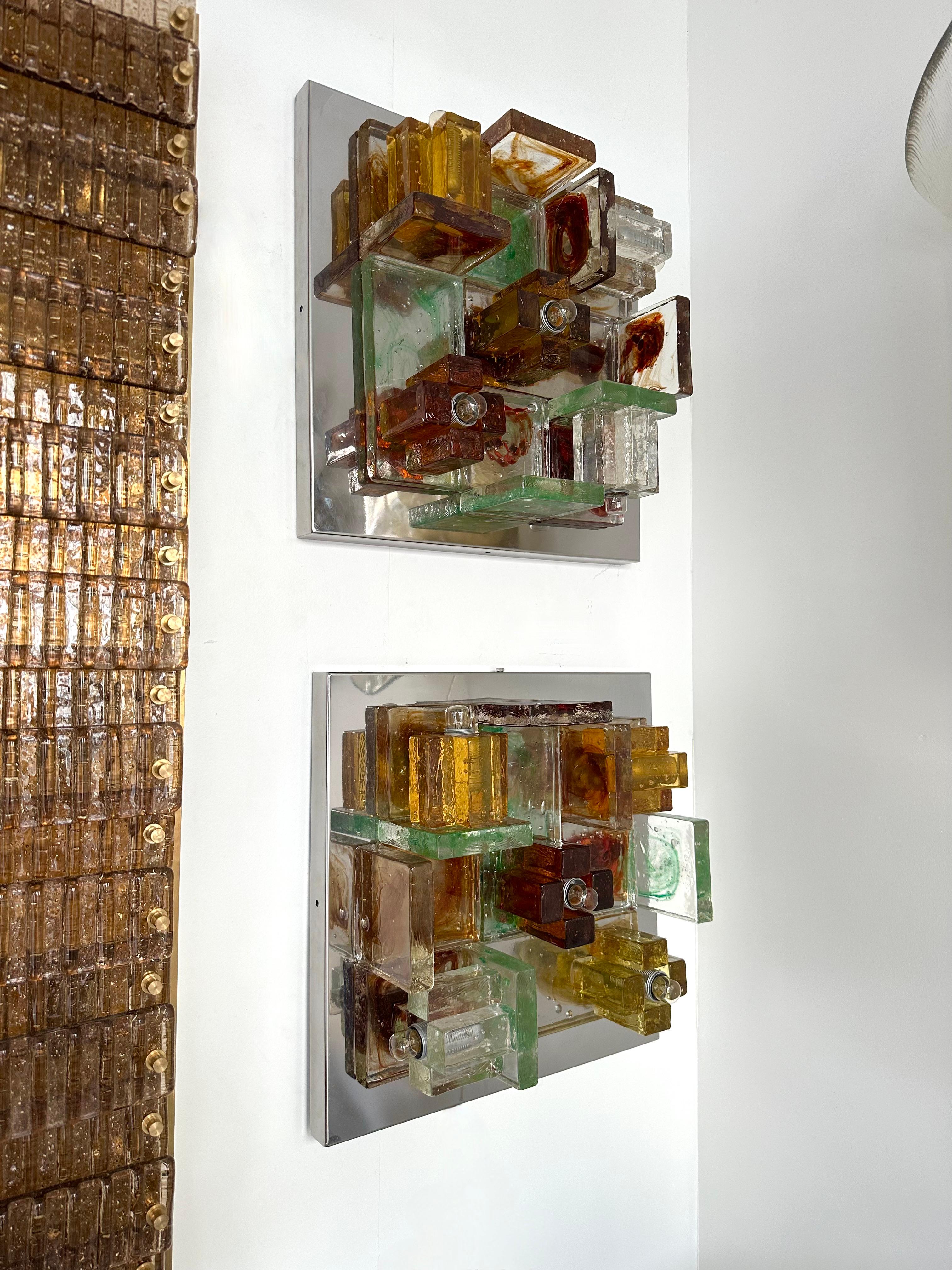 Late 20th Century Pair of Geometry Glass Construction Metal Sconces by Poliarte, Italy, 1970s For Sale