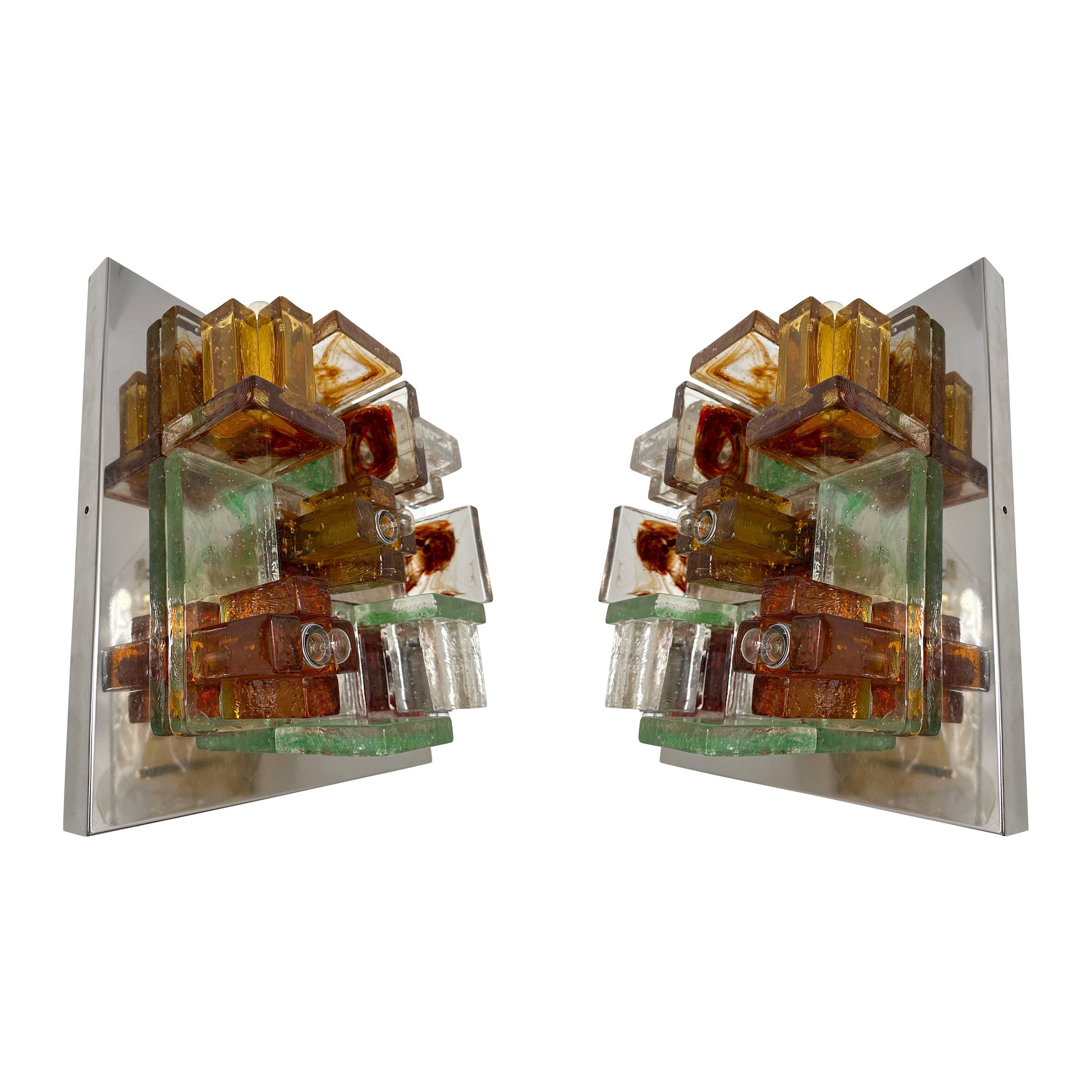 Pair of Geometry Glass Construction Metal Sconces. Italy, 1970s
