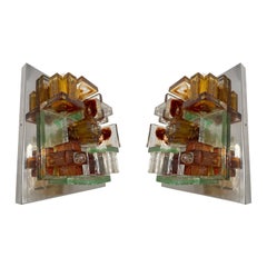 Pair of Geometry Glass Construction Metal Sconces. Italy, 1970s