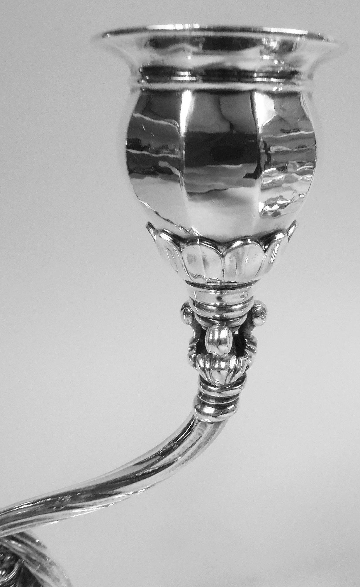 Appliqué Pair of Georg Jensen Art Deco Sterling Silver 2-Light Candelabra