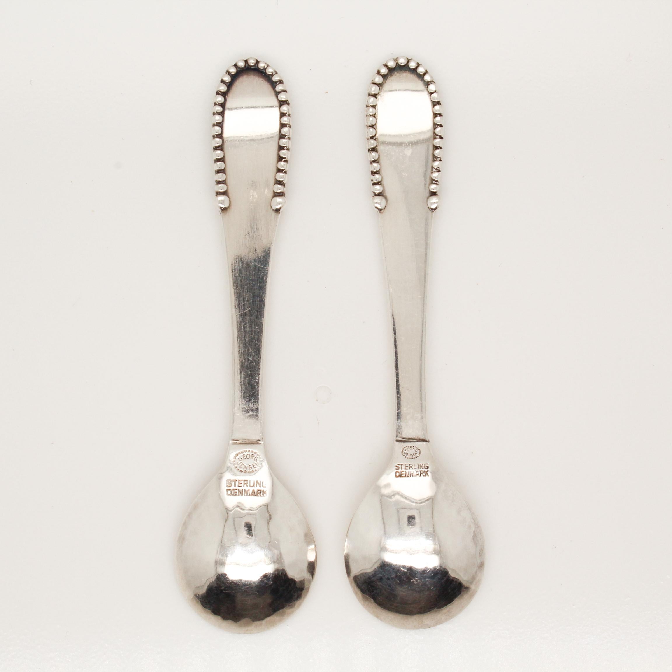 Art Deco Pair of Georg Jensen Beaded Pattern Sterling Silver Salt Spoons