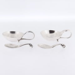 Pair of Georg Jensen Ornamental Sterling Silver Salt Cellars & Spoons No. 110