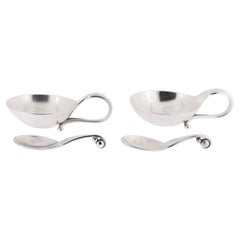 Antique Pair of Georg Jensen Ornamental Sterling Silver Salt Cellars & Spoons No. 110