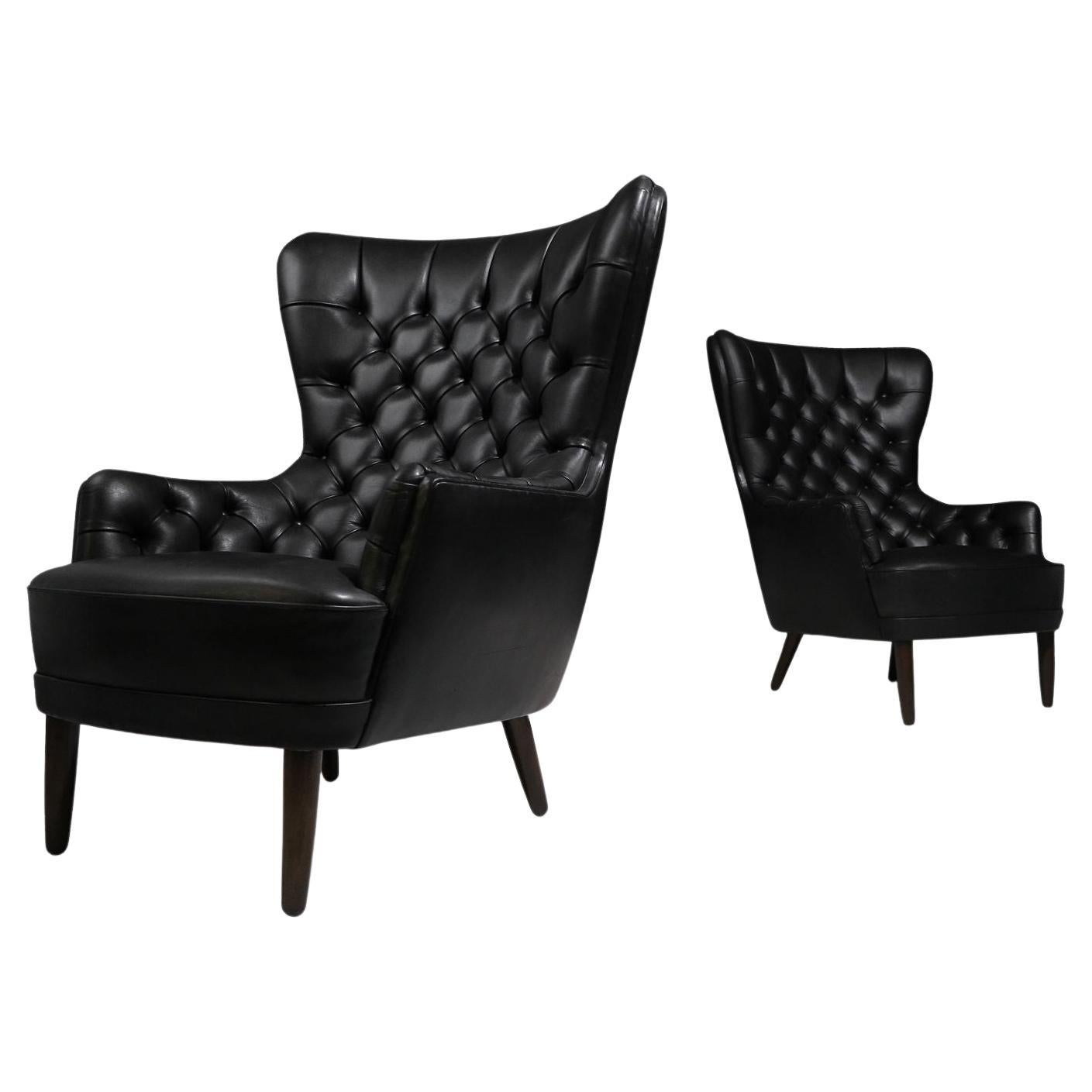 Pair of Georg Kofoed Sculptural Danish Wingback Chairs in Black Leather
