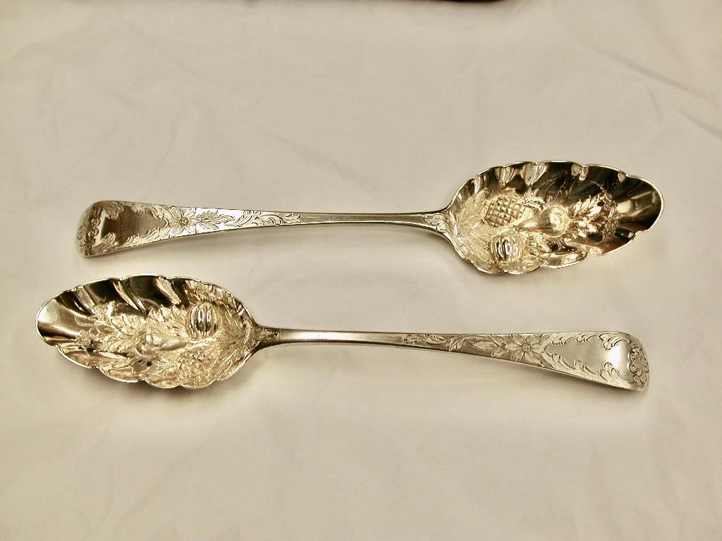 George III Pair of George 111 Silver Berry Spoons in Fitted Leather Case, 1817