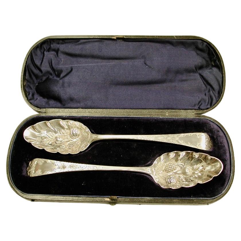 Pair of George 111 Silver Berry Spoons in Fitted Leather Case, 1817
