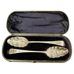Pair of George 111 Silver Berry Spoons in Fitted Leather Case, 1817