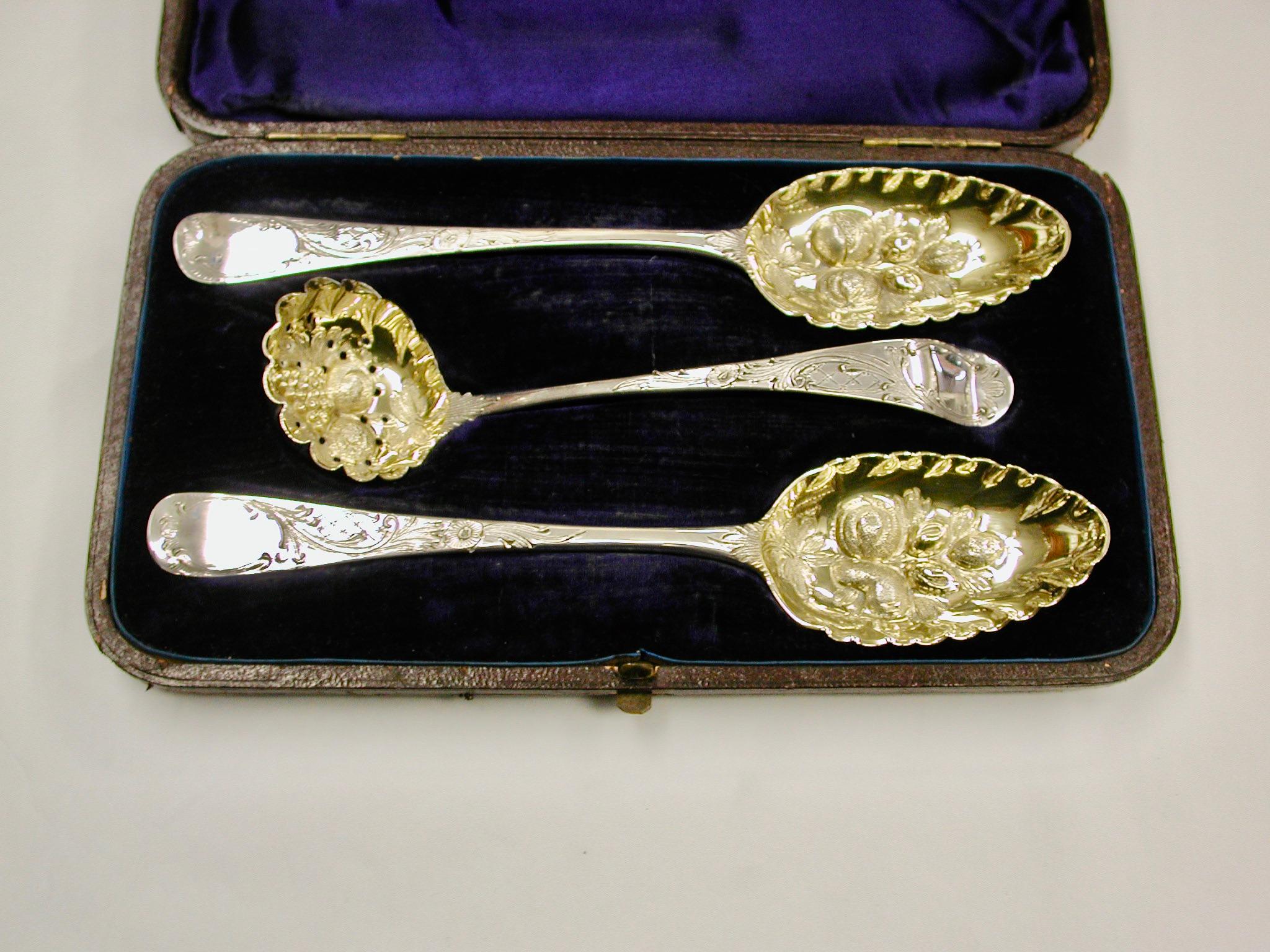 George III Pair of George 111 Silver Berry Spoons with Matching Sugar Sifter, 1799-1805