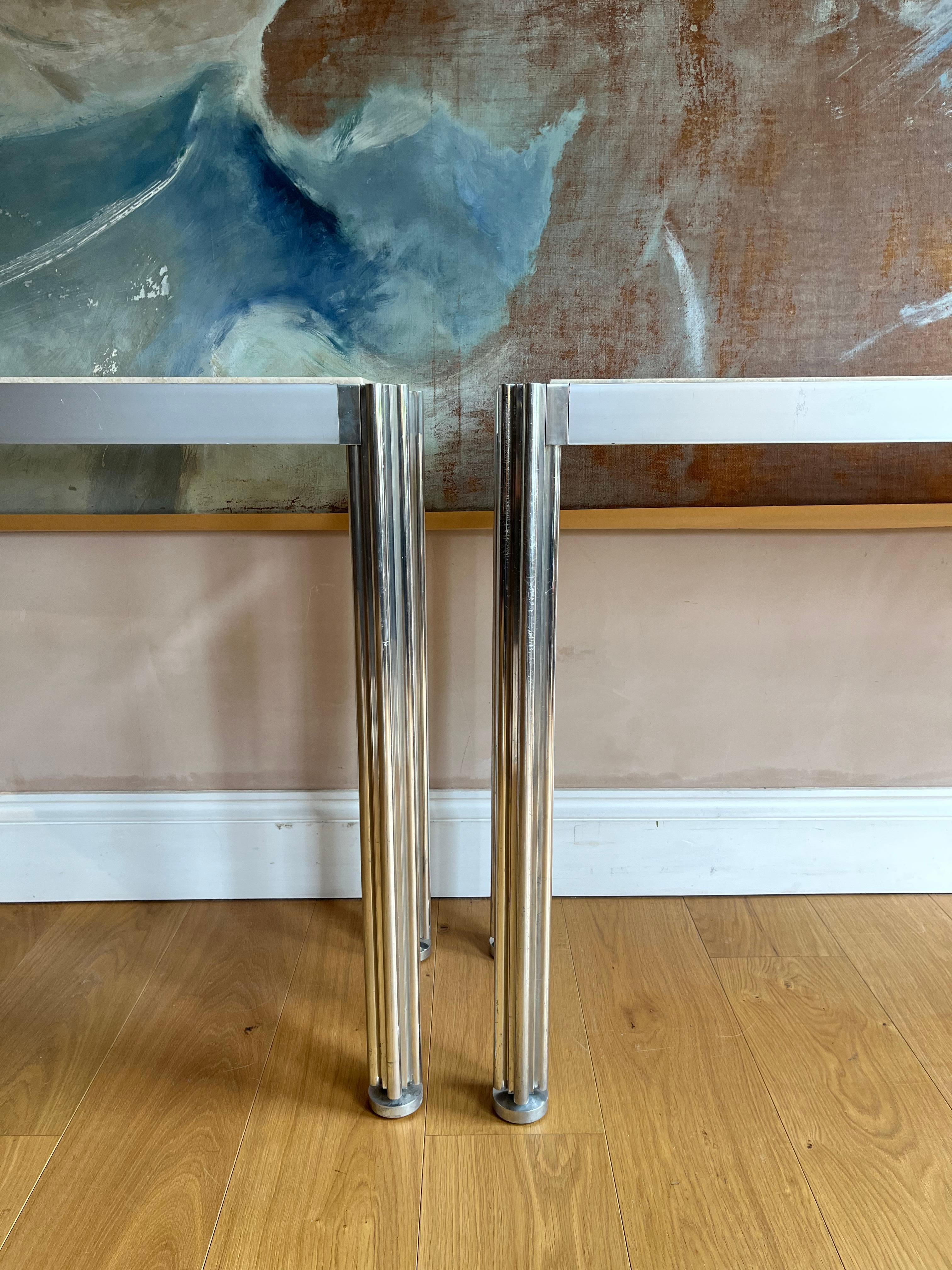 Pair of George Cianciamino brushed aluminium and travertine console tables 3