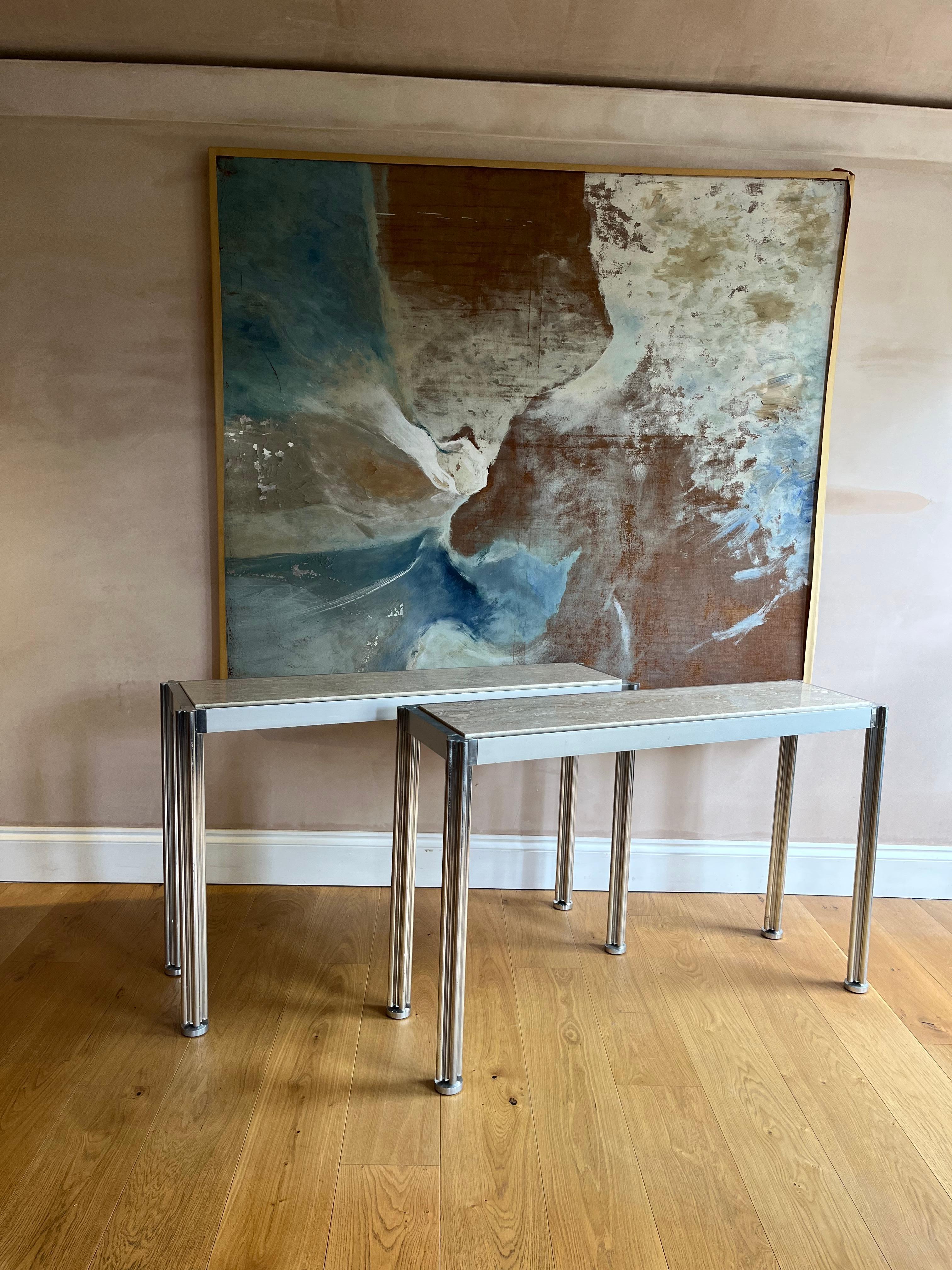 Pair of George Cianciamino brushed aluminium and travertine console tables 4