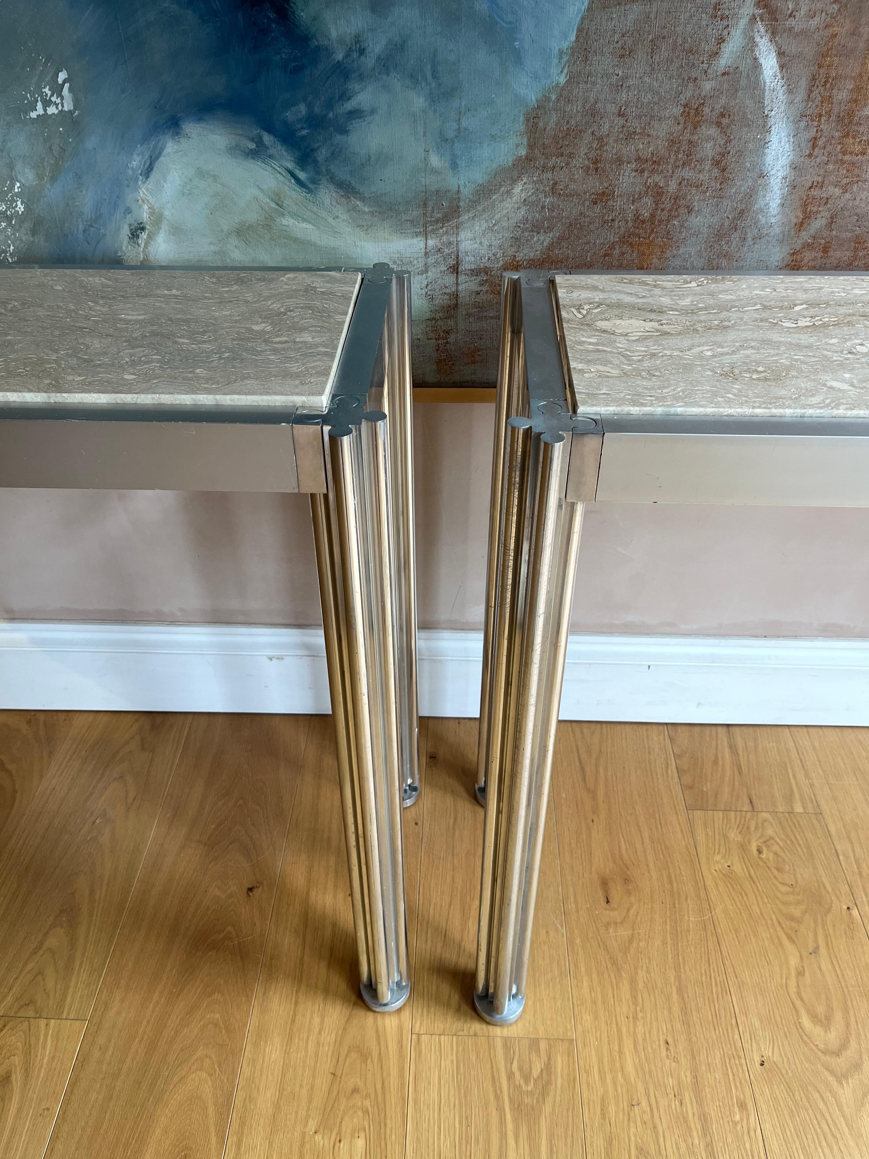 Pair of George Cianciamino brushed aluminium and travertine console tables 5