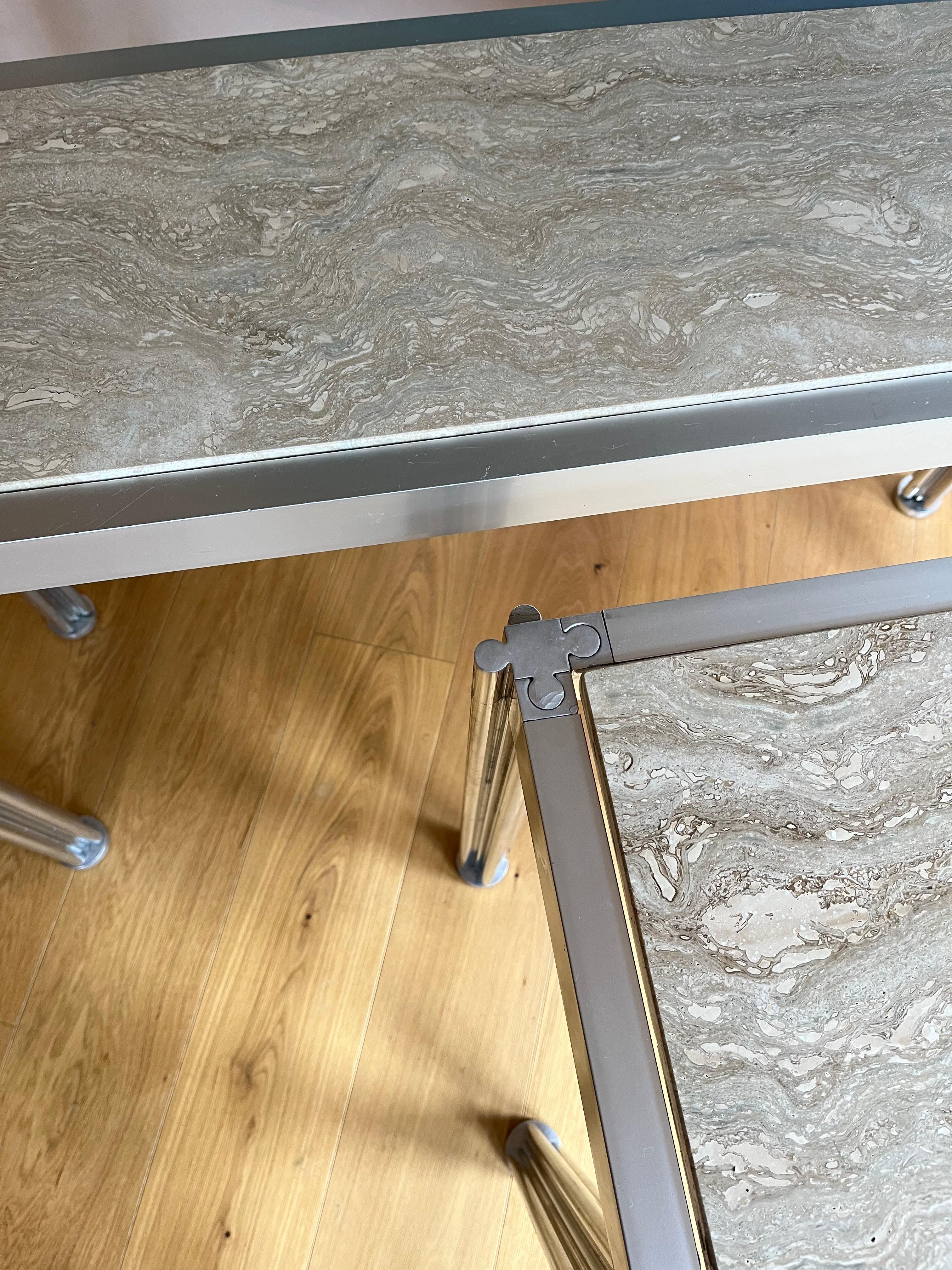 Pair of George Cianciamino brushed aluminium and travertine console tables 6