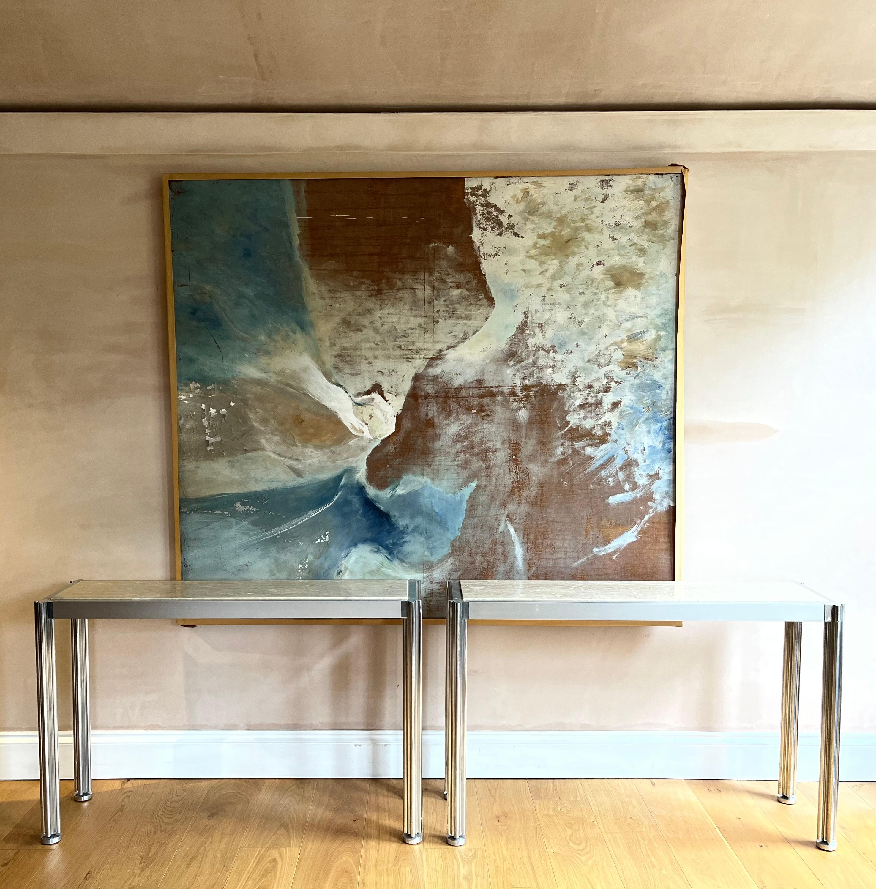 Pair of George Cianciamino brushed aluminium and travertine console tables 2