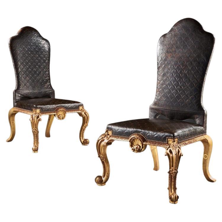 Pair of George I Style Late 19th Century Giltwood and Leather Side Chairs For Sale