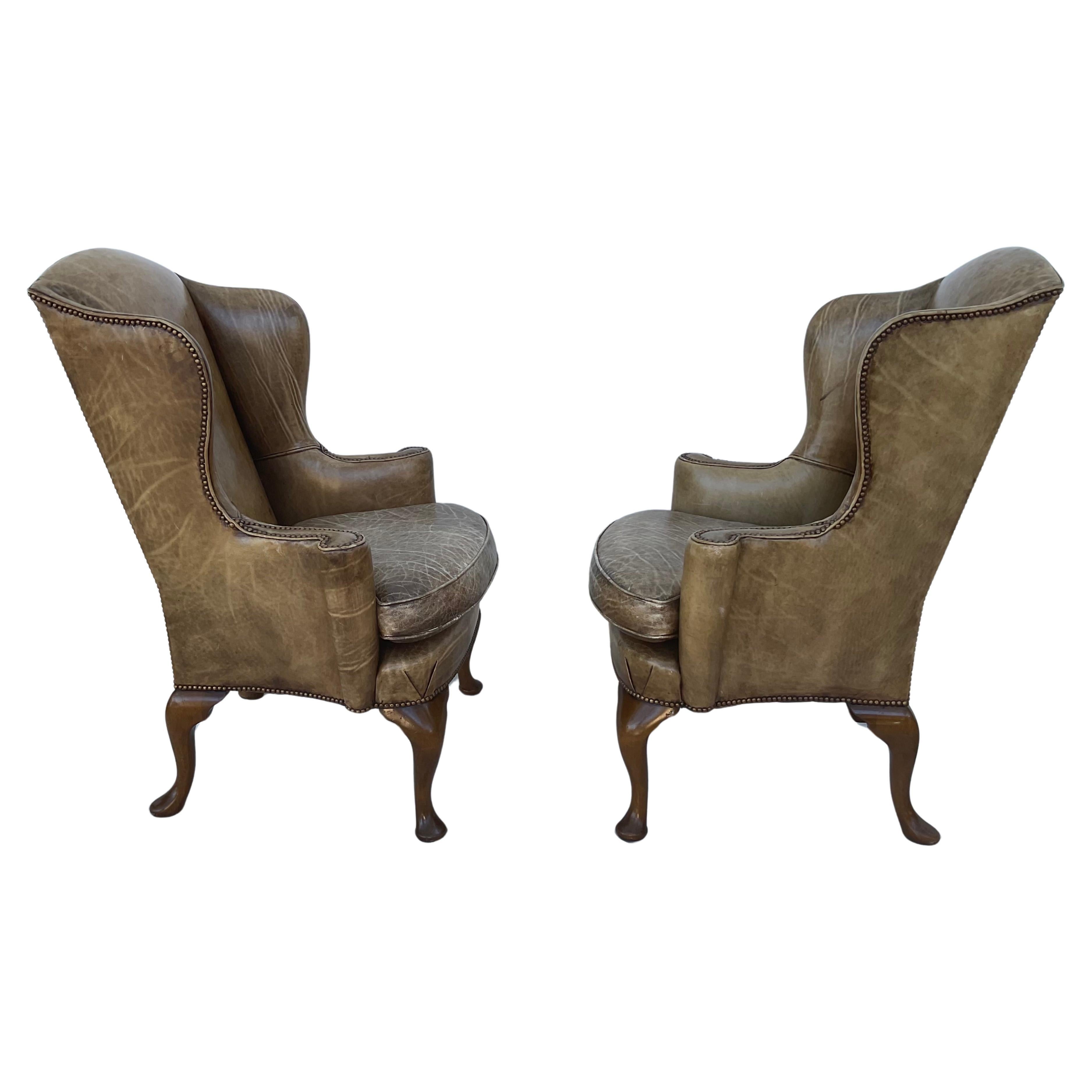English Pair of George I Style Leather Upholstered Wing Armchairs For Sale