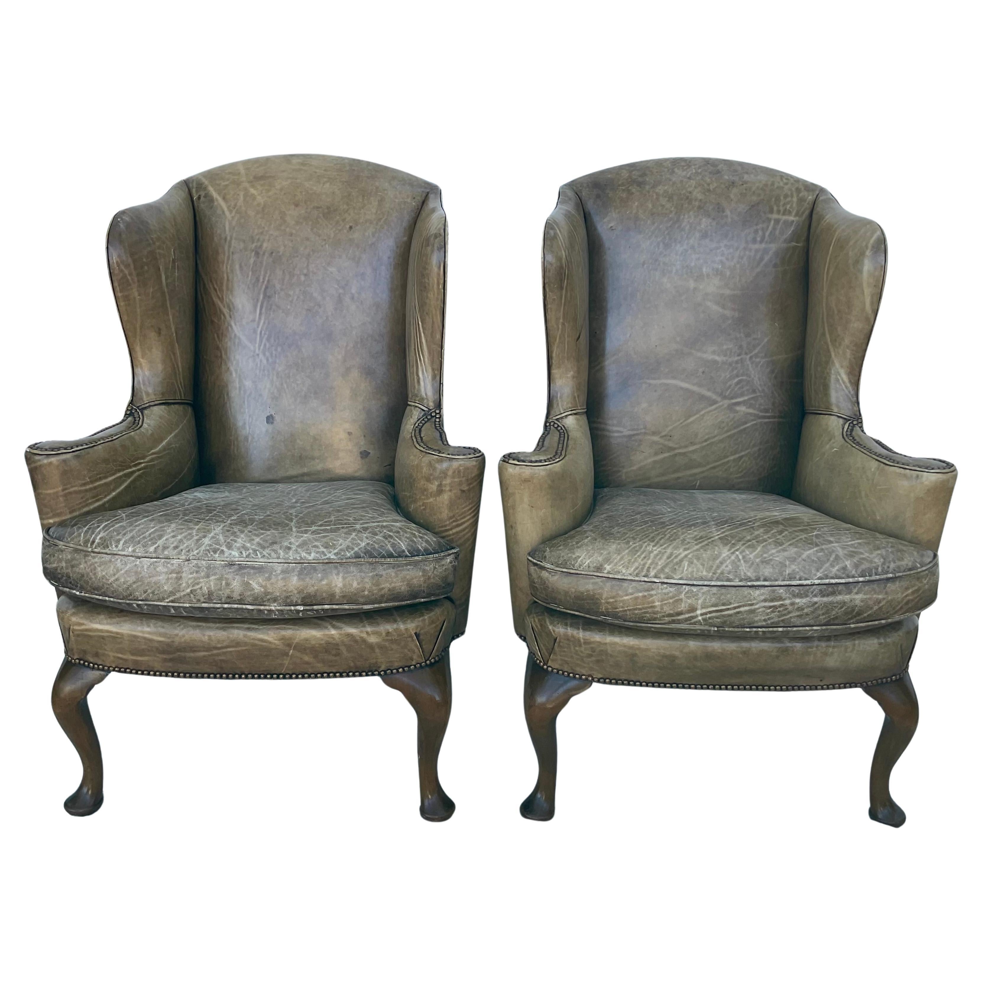 Pair of George I Style Leather Upholstered Wing Armchairs For Sale 3