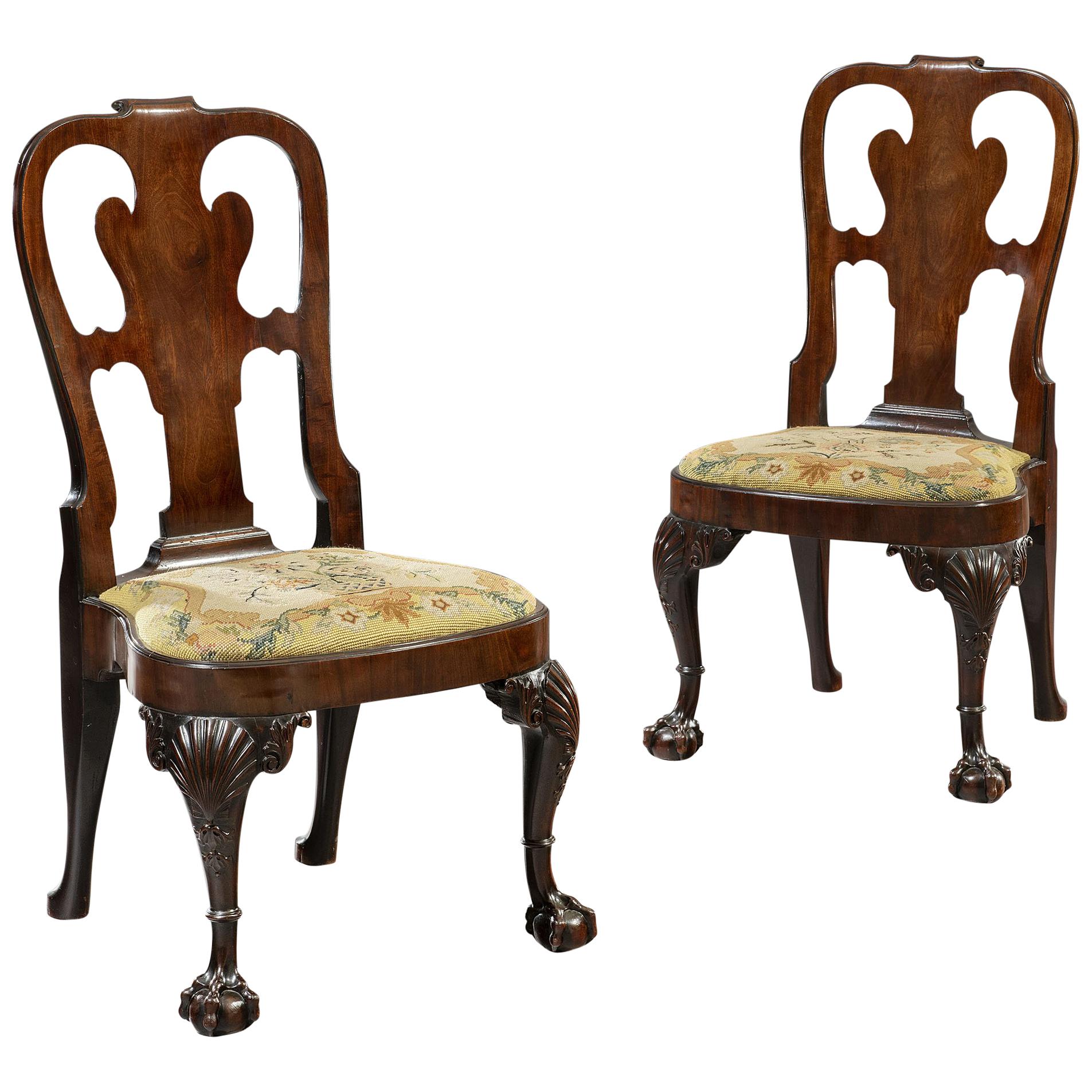 Pair of George II Period 18th Century Carved Cuban Mahogany Side Chairs