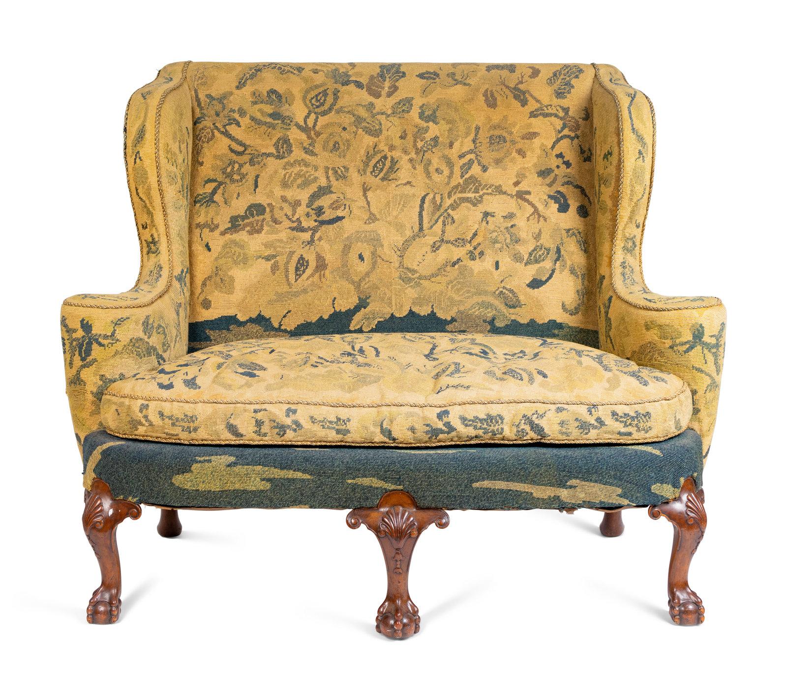 English Pair of George II Style Carved Walnut Settees Needlework, 19th Century For Sale