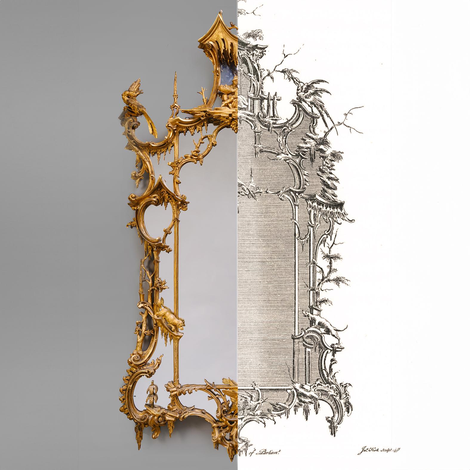 A Magnificent Pair of George II Style English Carved Giltwood ‘Rococo’ Wall Mirrors After A Design By Thomas Johnson.

Of large proportions, each mirror having a cartouche-shaped plate within a profusely carved and pierced branch-entwined frame with