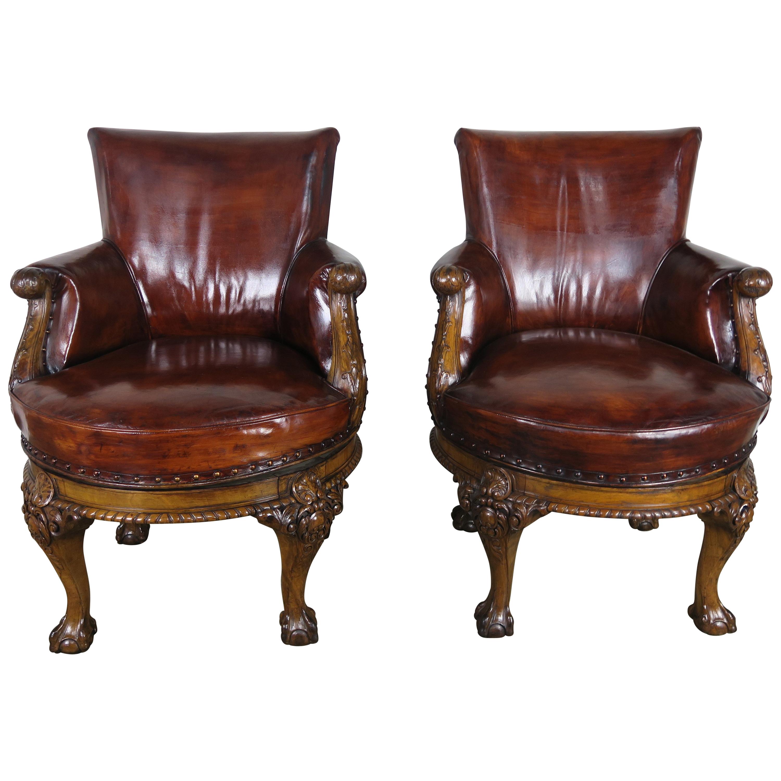 Pair of George II Style English Swivel Library Chairs