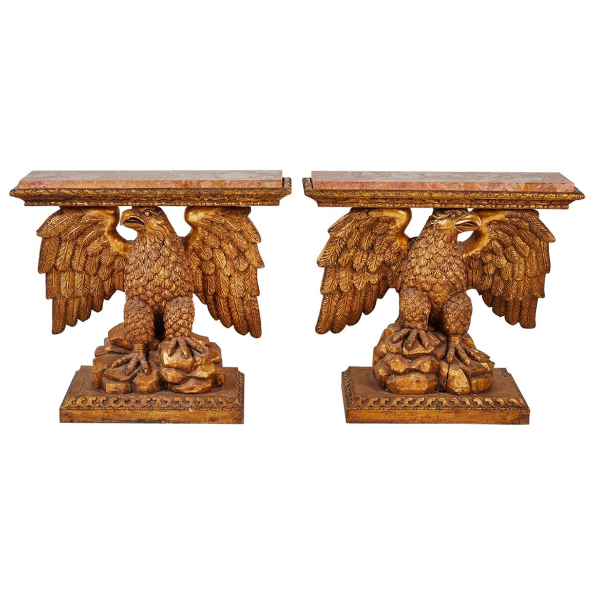 Pair of George II Style Kentian Carved Giltwood Eagle Consoles For Sale
