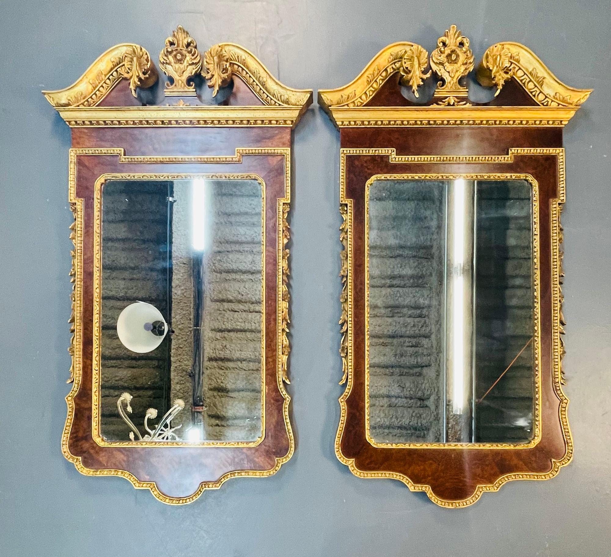 Late 20th Century Pair of George II Style Pier / Console Mirrors, Burr Walnut and Parcel Gilt For Sale