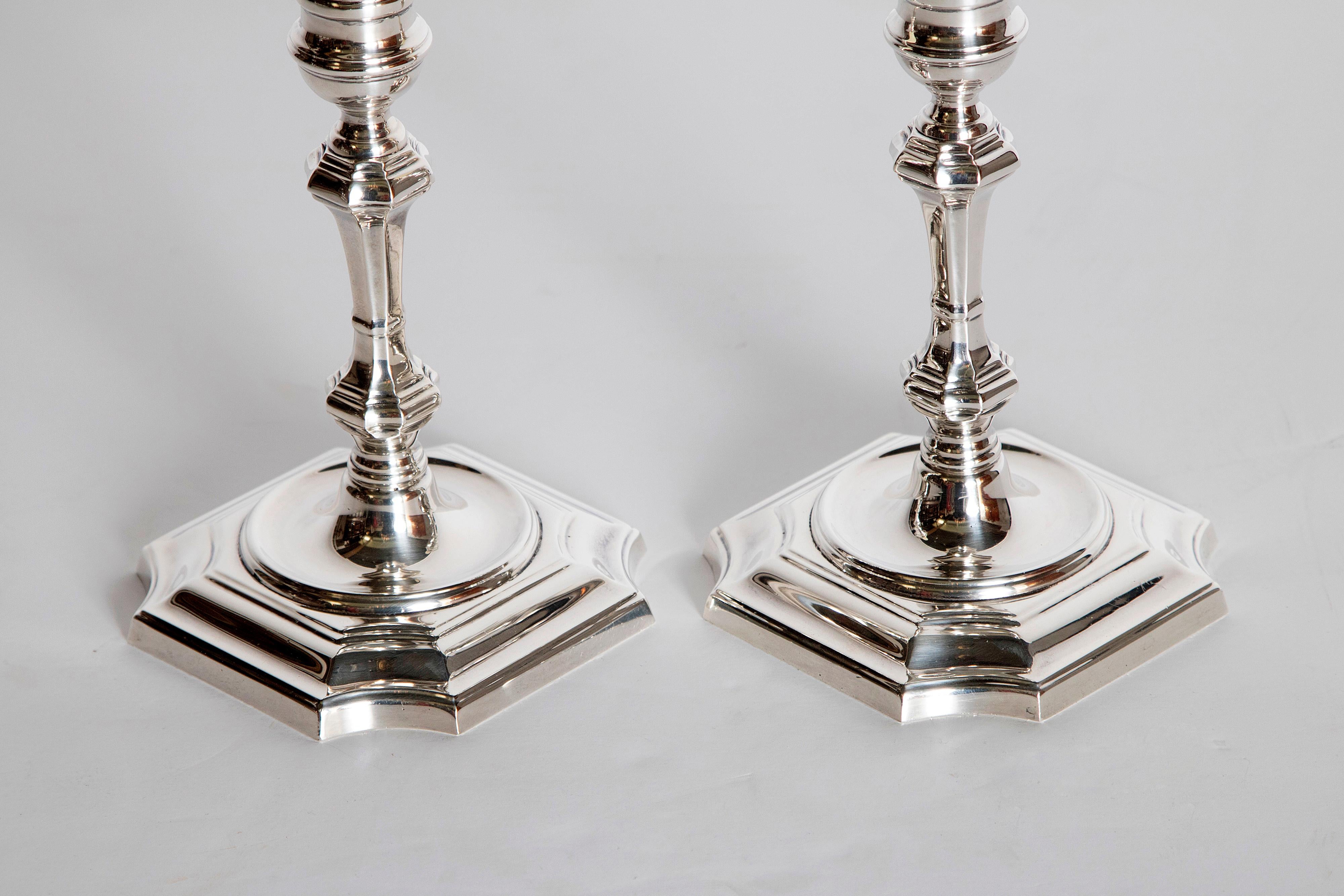 Metalwork Pair of George II Style Sterling Silver Candlesticks by Cartier