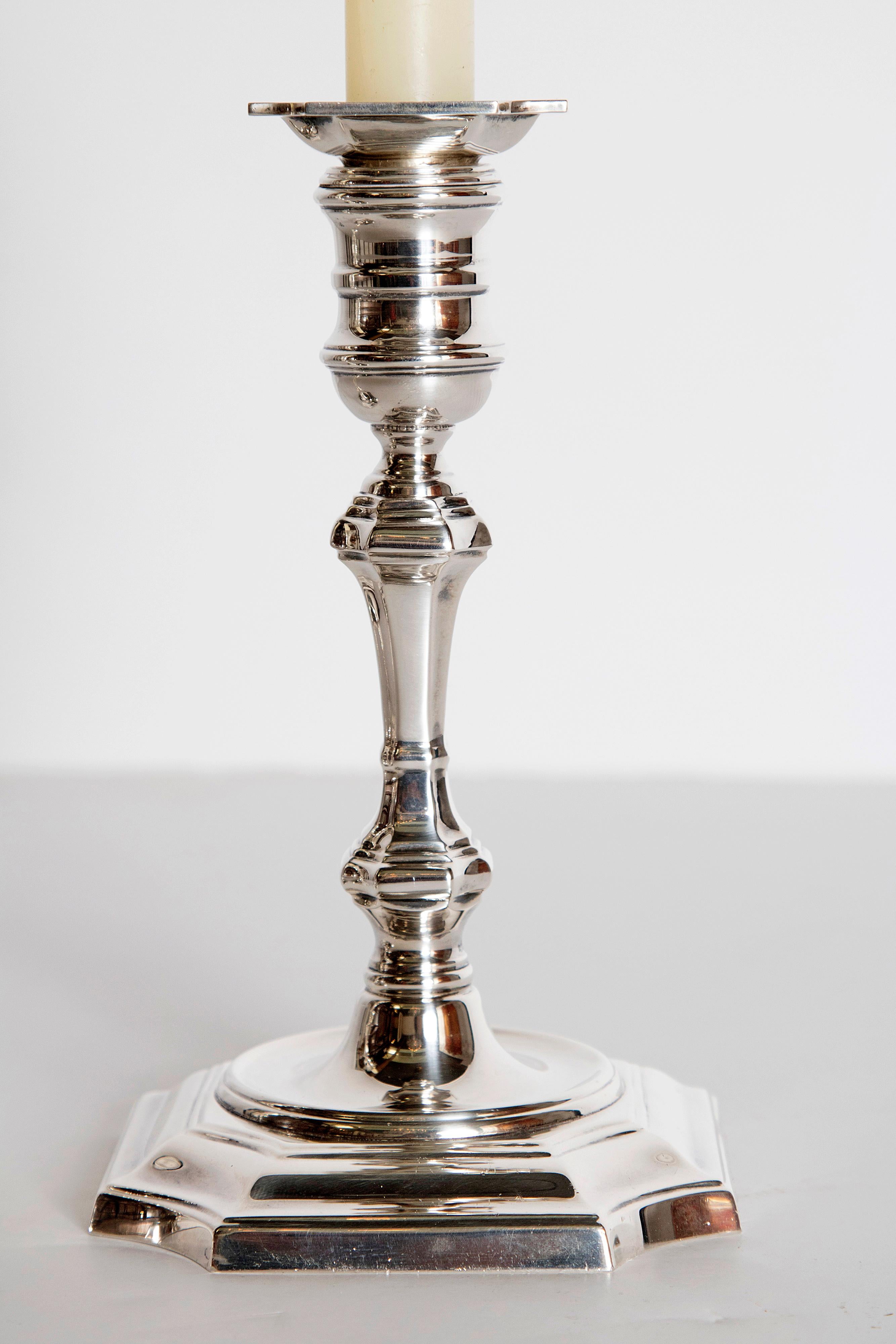 20th Century Pair of George II Style Sterling Silver Candlesticks by Cartier