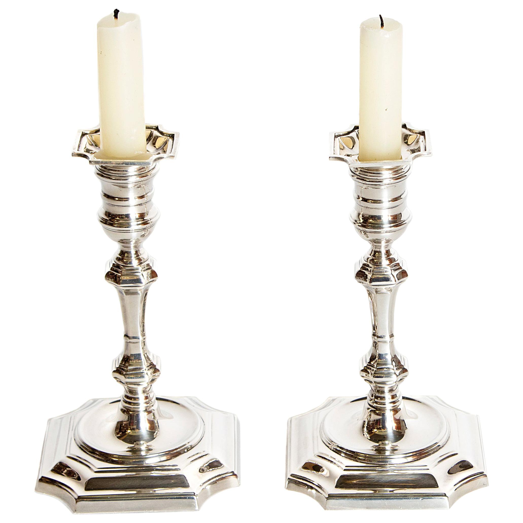 Pair of George II Style Sterling Silver Candlesticks by Cartier
